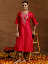 Gerua Pink Embroidered Silk Straight Kurta