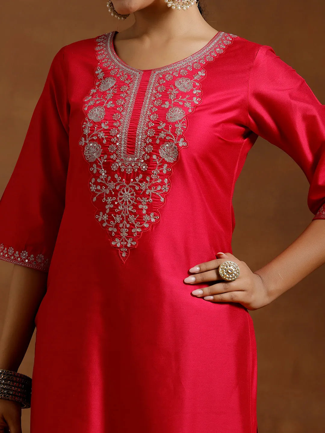 Gerua Pink Embroidered Silk Straight Kurta