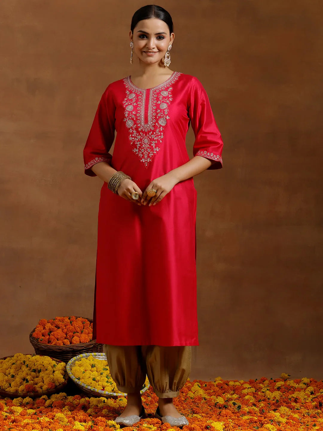 Gerua Pink Embroidered Silk Straight Kurta