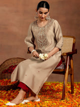 Gerua Beige Embroidered Silk Straight Kurta
