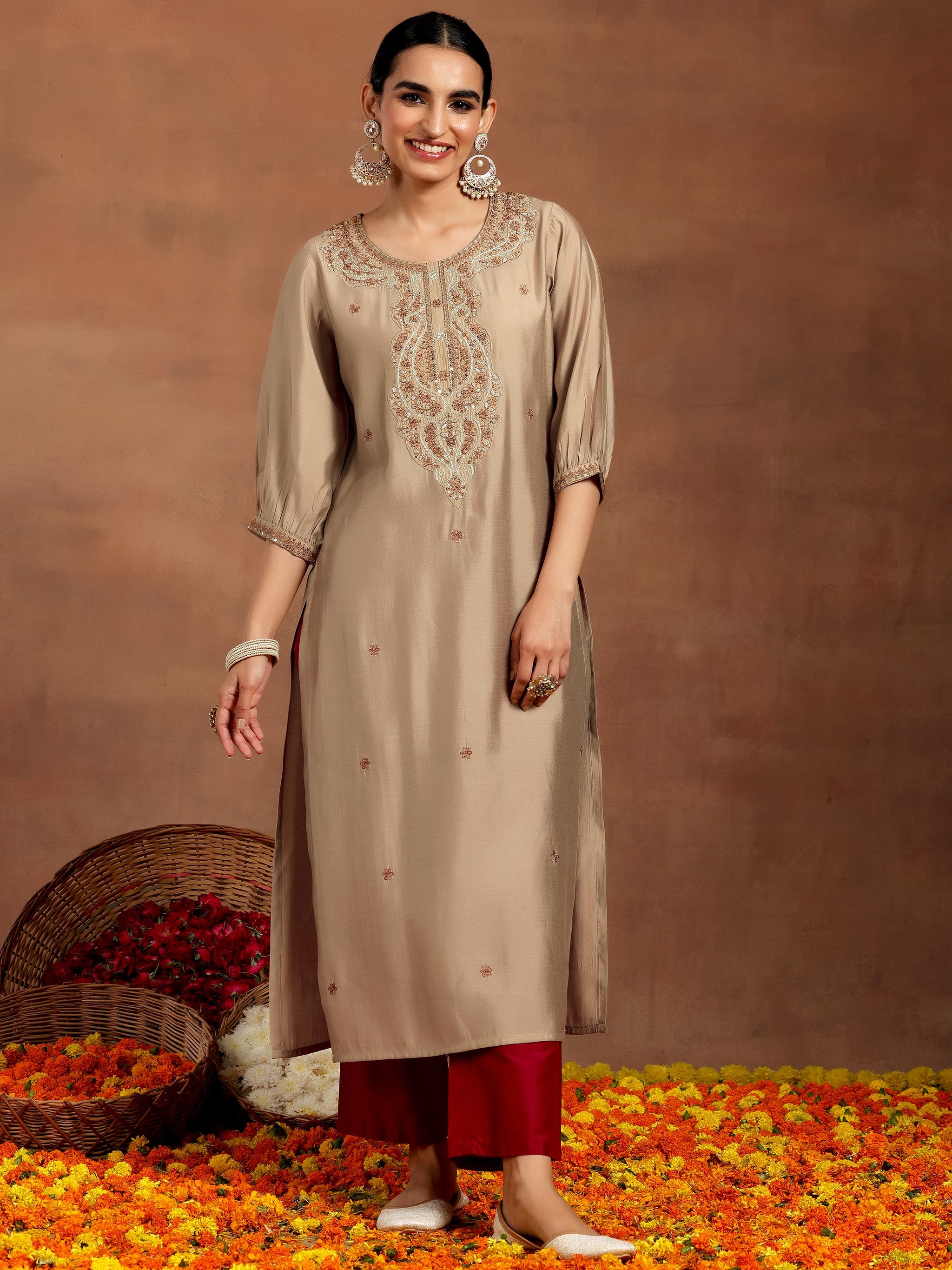 Gerua Beige Embroidered Silk Straight Kurta