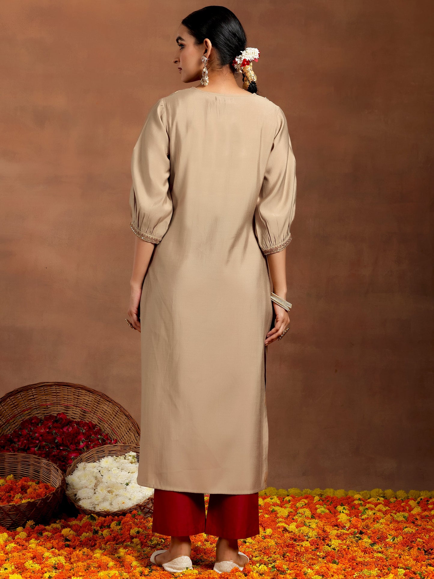 Gerua Beige Embroidered Silk Straight Kurta