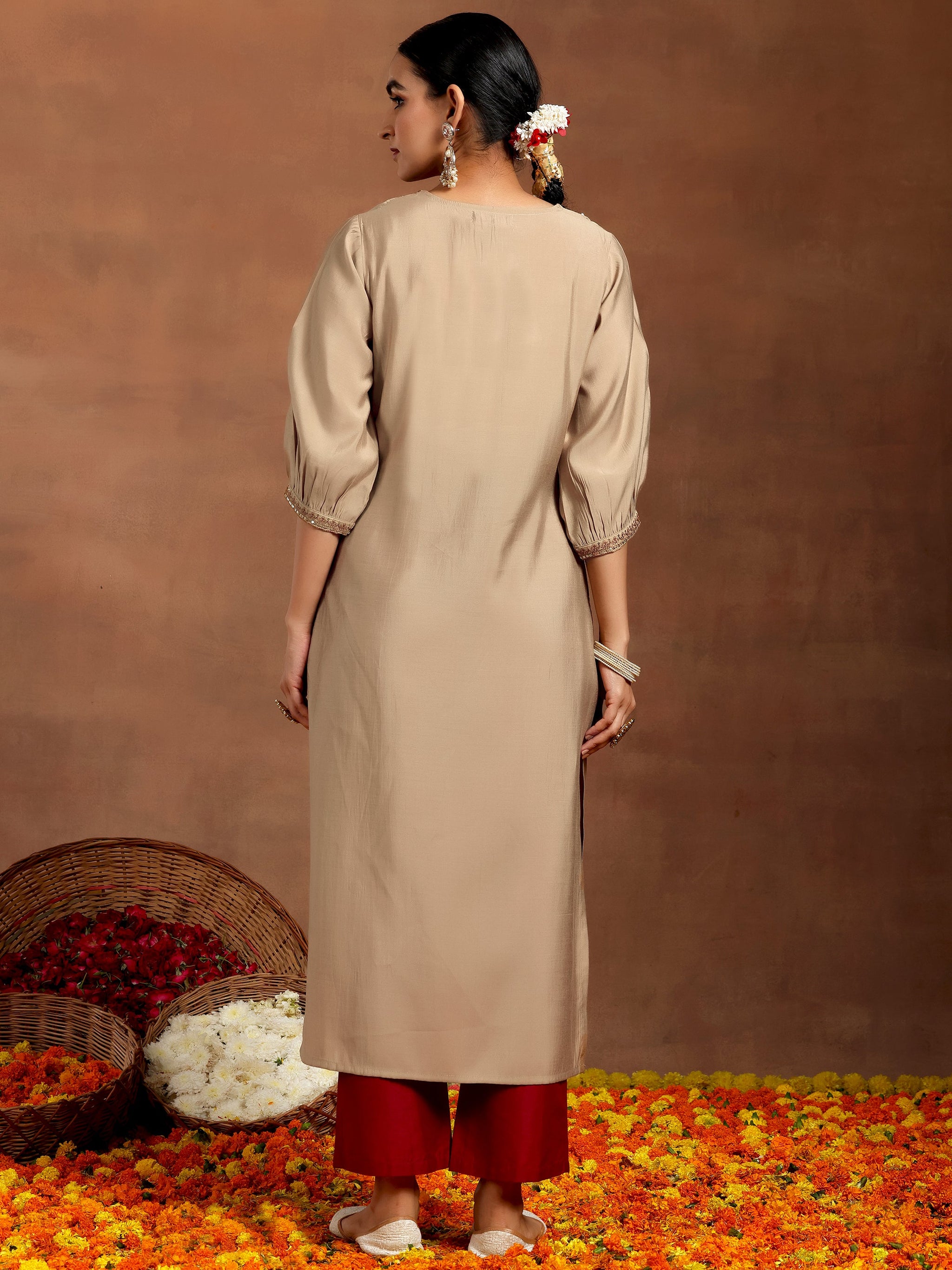 Gerua Beige Embroidered Silk Straight Kurta