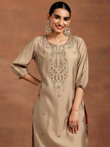 Gerua Beige Embroidered Silk Straight Kurta