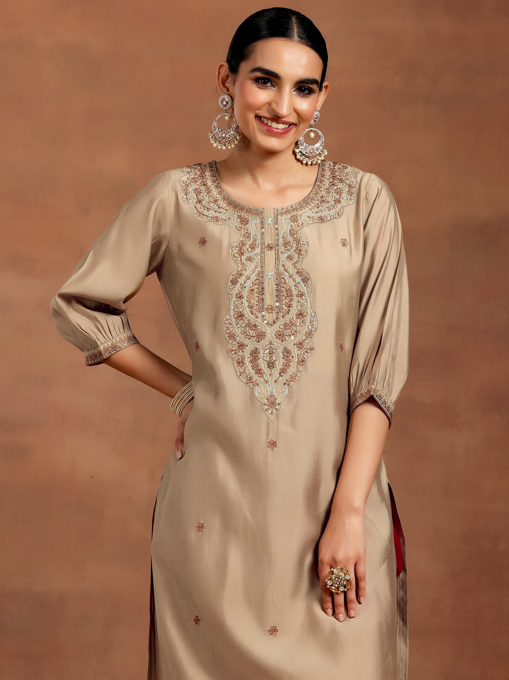 Gerua Beige Embroidered Silk Straight Kurta