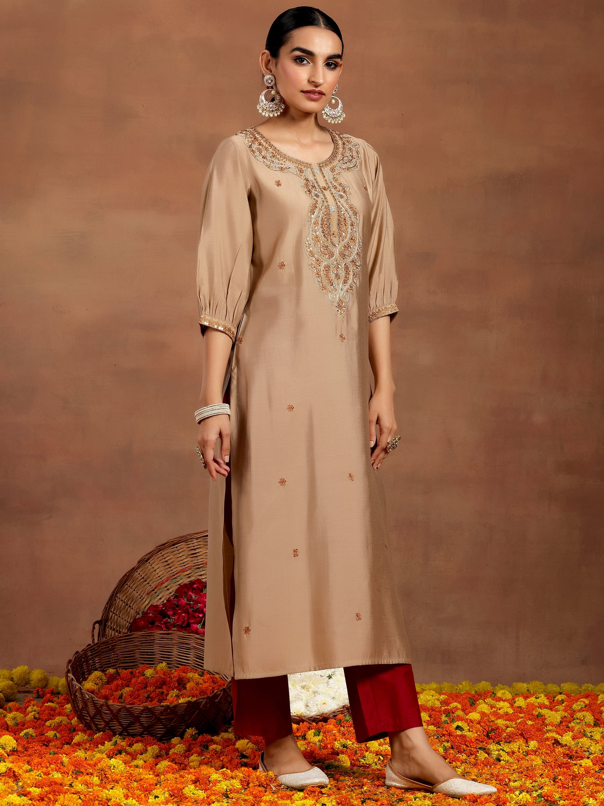 Gerua Beige Embroidered Silk Straight Kurta