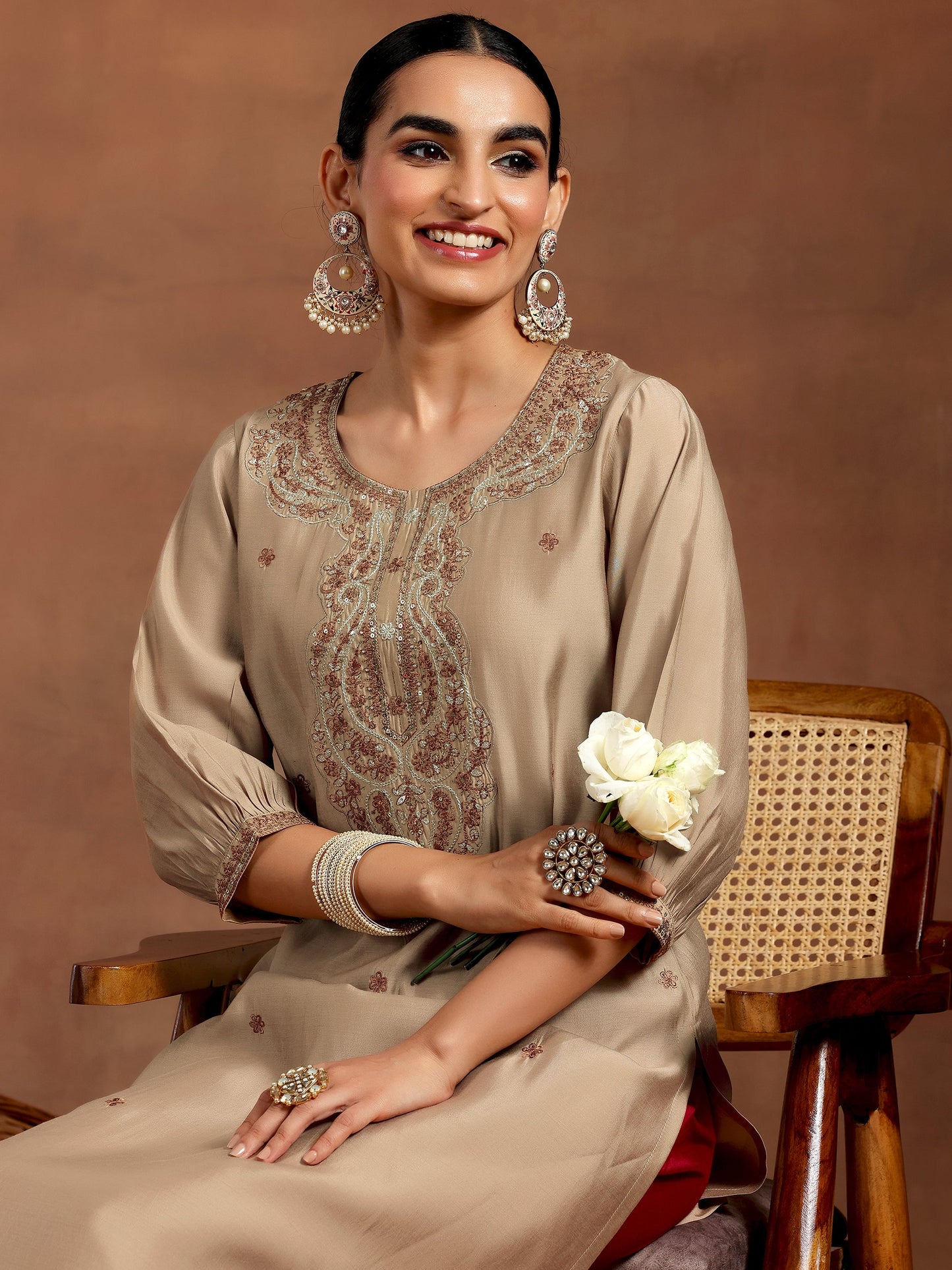 Gerua Beige Embroidered Silk Straight Kurta