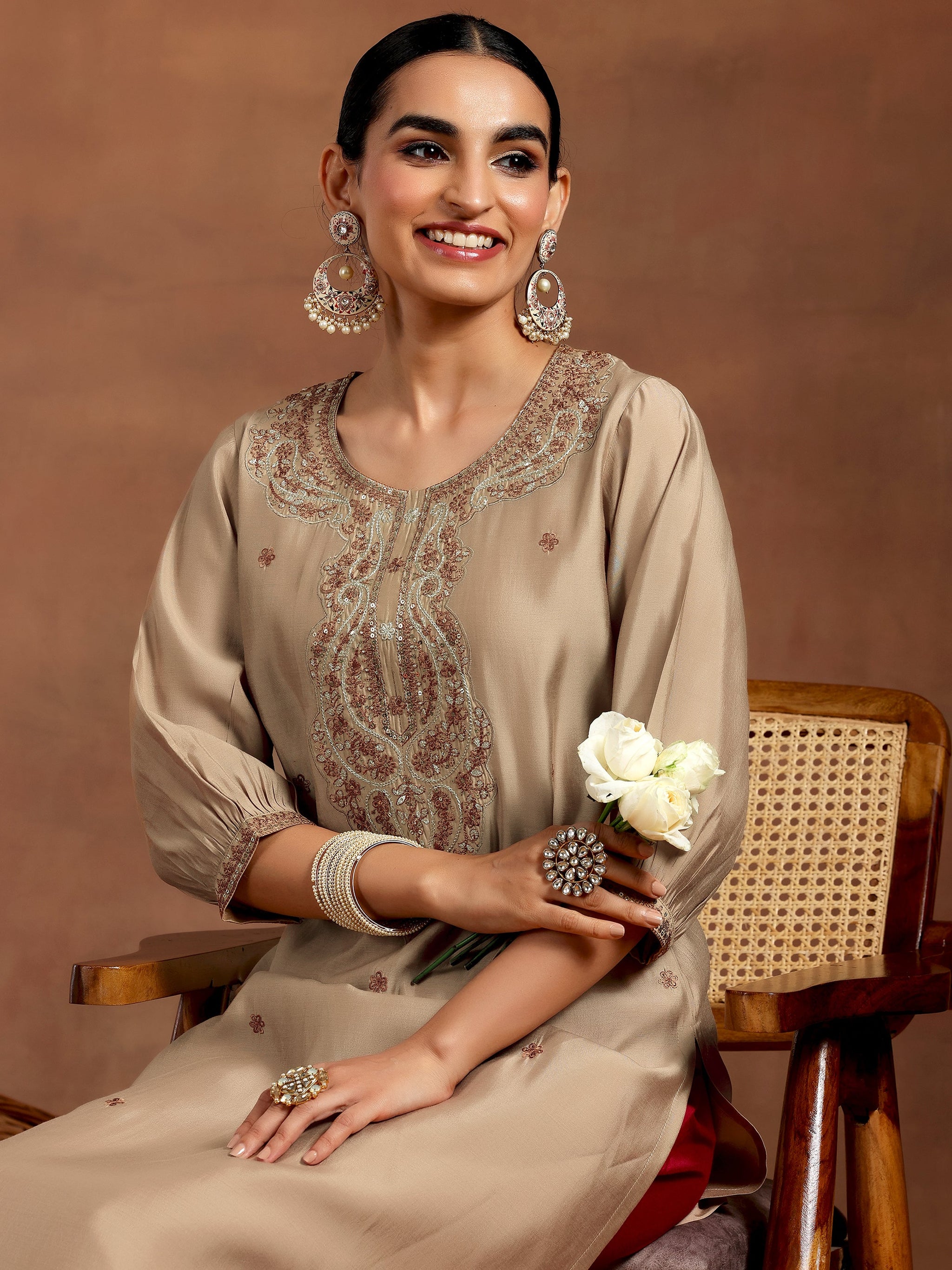 Gerua Beige Embroidered Silk Straight Kurta