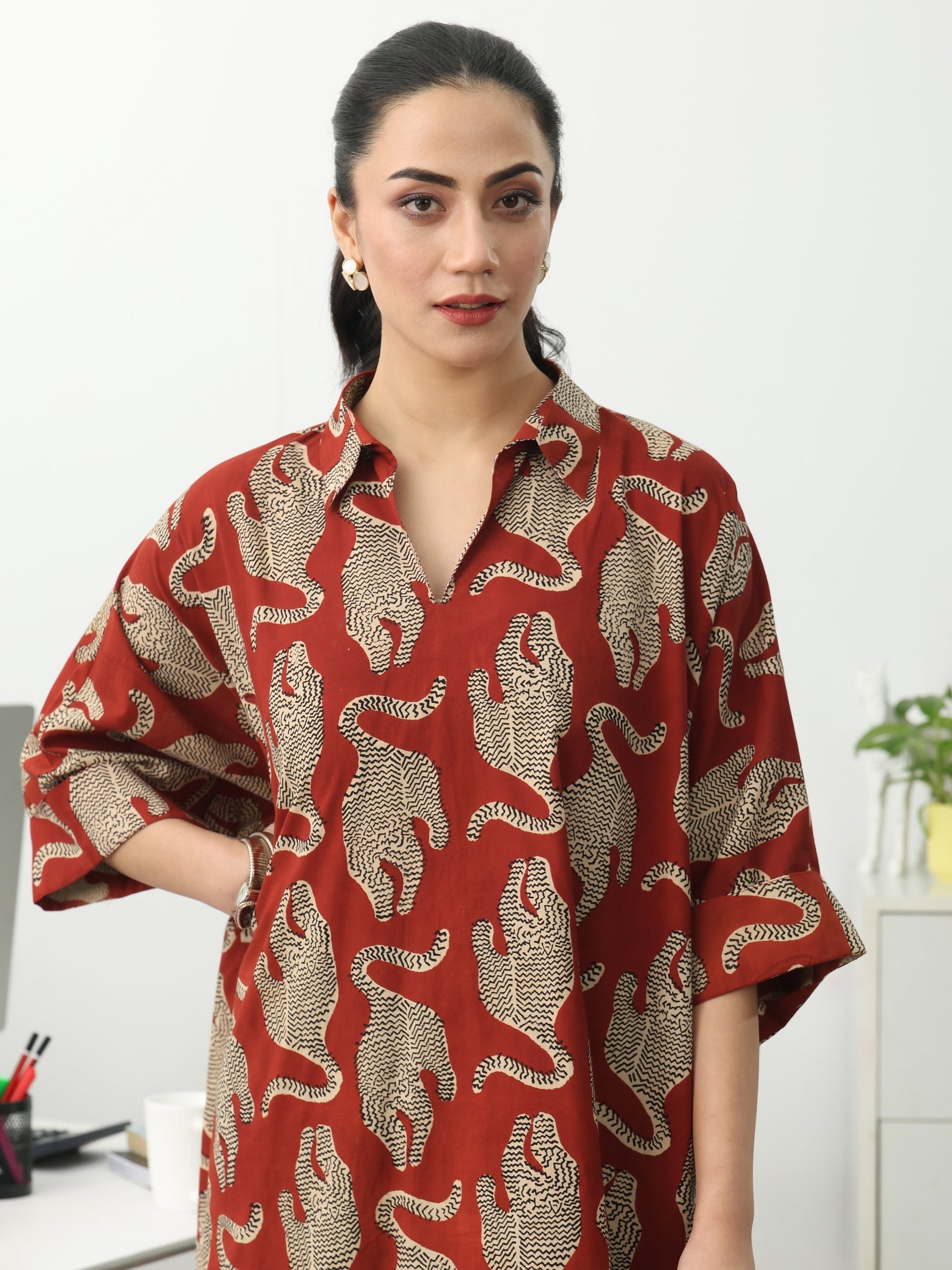 Gerua Power Move Red Quirky Print Cotton Blend Shirt