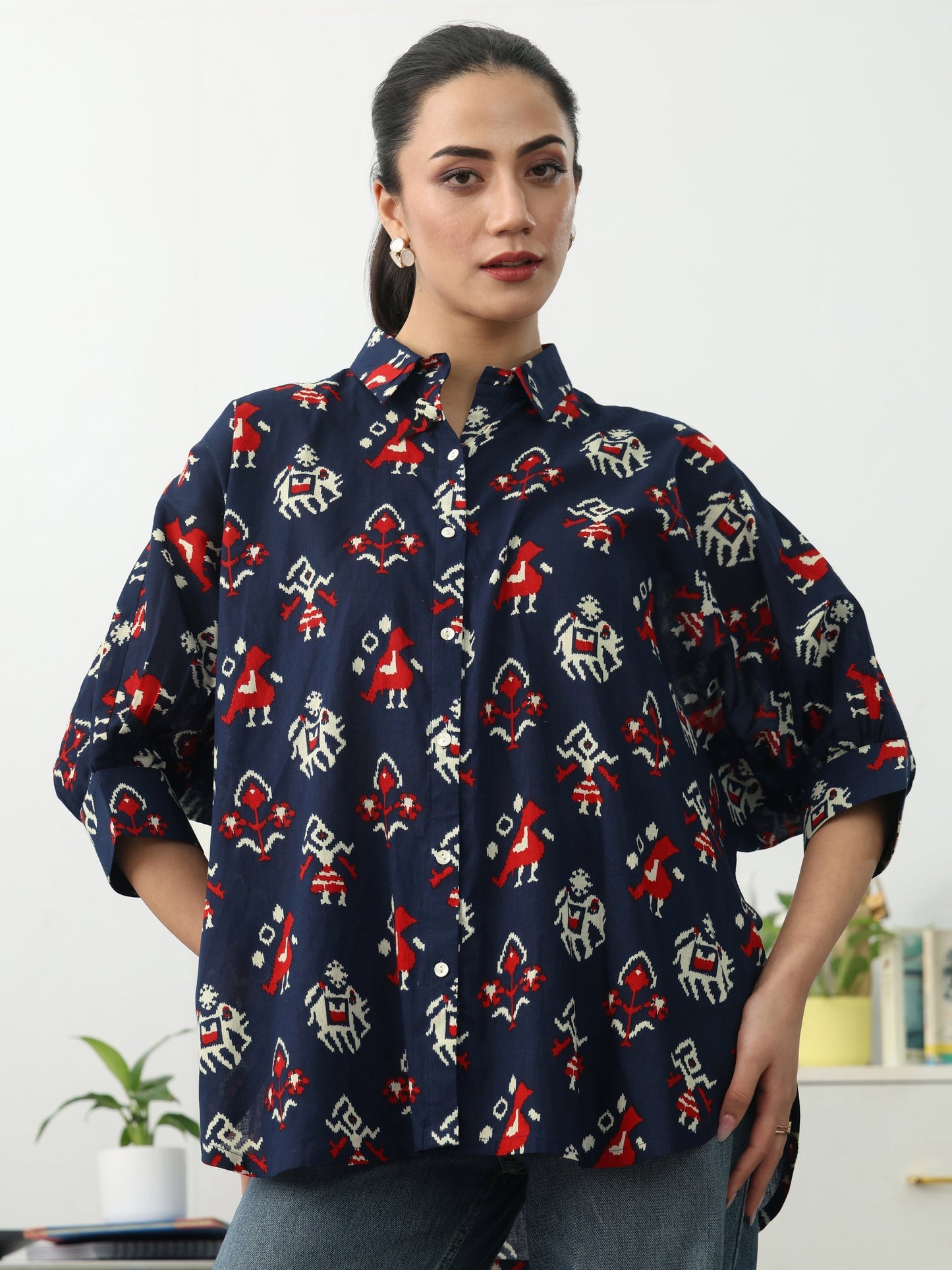 Gerua Navy Blue Ethnic Motifs Printed Cotton Shirt
