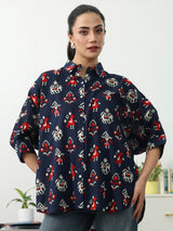 Gerua Navy Blue Ethnic Motifs Printed Cotton Shirt