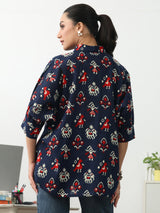 Gerua Navy Blue Ethnic Motifs Printed Cotton Shirt