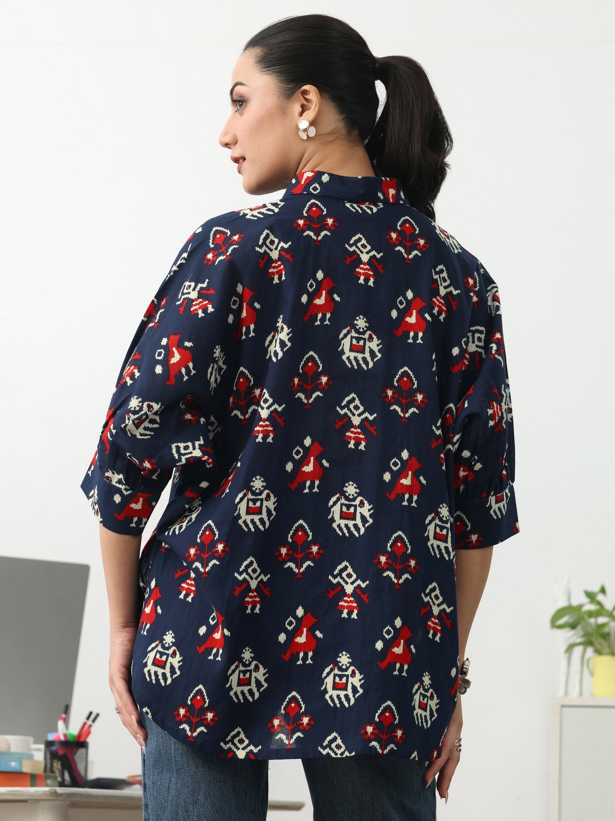 Gerua Navy Blue Ethnic Motifs Printed Cotton Shirt