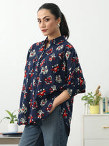 Gerua Navy Blue Ethnic Motifs Printed Cotton Shirt