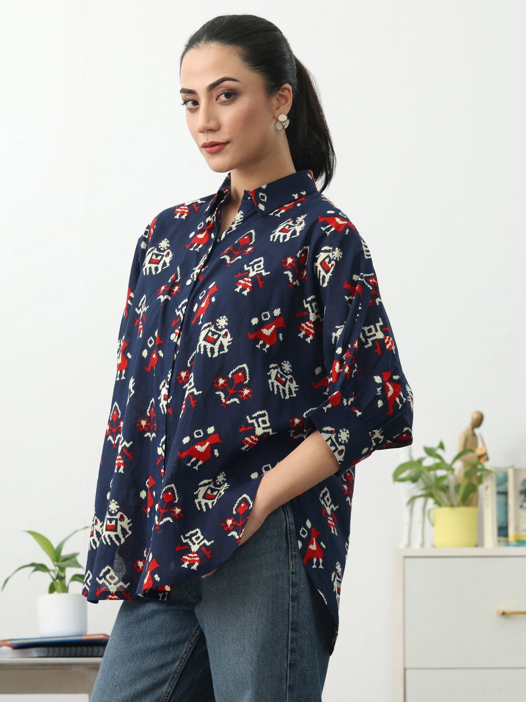 Gerua Navy Blue Ethnic Motifs Printed Cotton Shirt