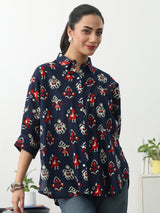 Gerua Navy Blue Ethnic Motifs Printed Cotton Shirt
