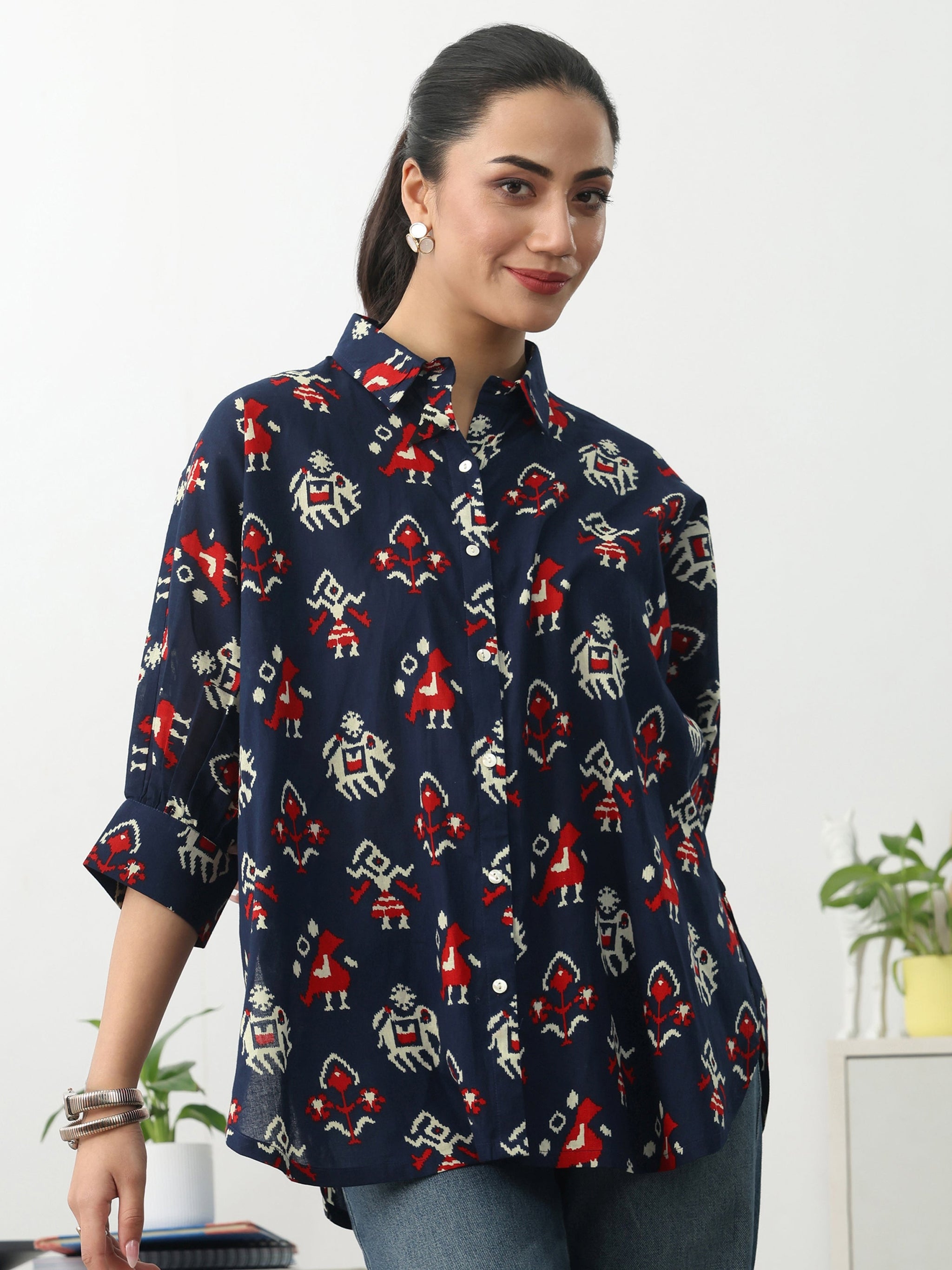 Gerua Navy Blue Ethnic Motifs Printed Cotton Shirt