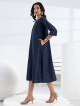 Gerua Blue Solid Cotton Blend A-Line One Piece Dress