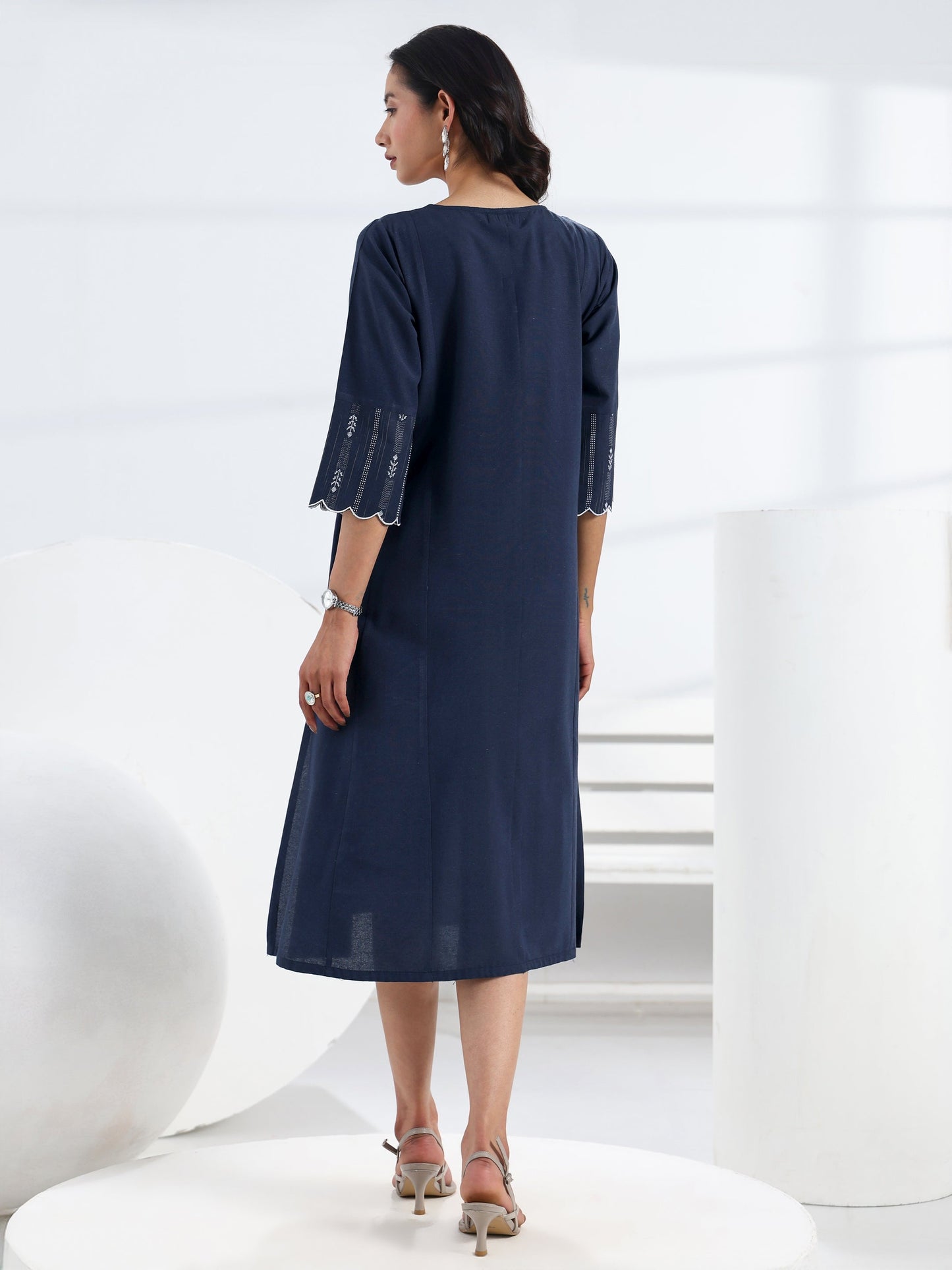 Gerua Blue Solid Cotton Blend A-Line One Piece Dress