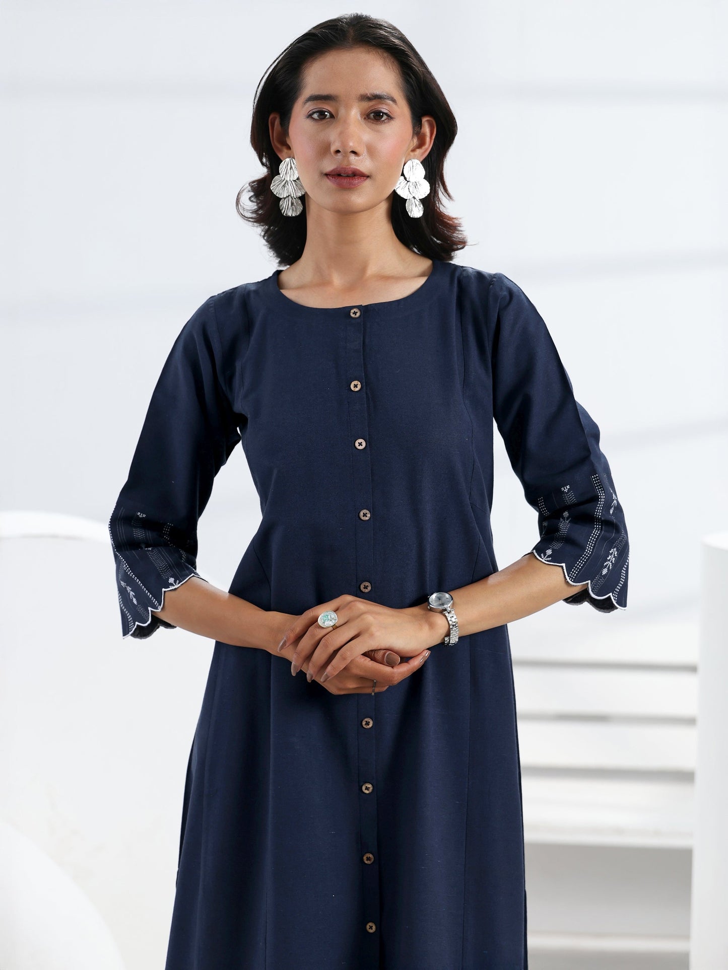 Gerua Blue Solid Cotton Blend A-Line One Piece Dress
