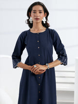 Gerua Blue Solid Cotton Blend A-Line One Piece Dress