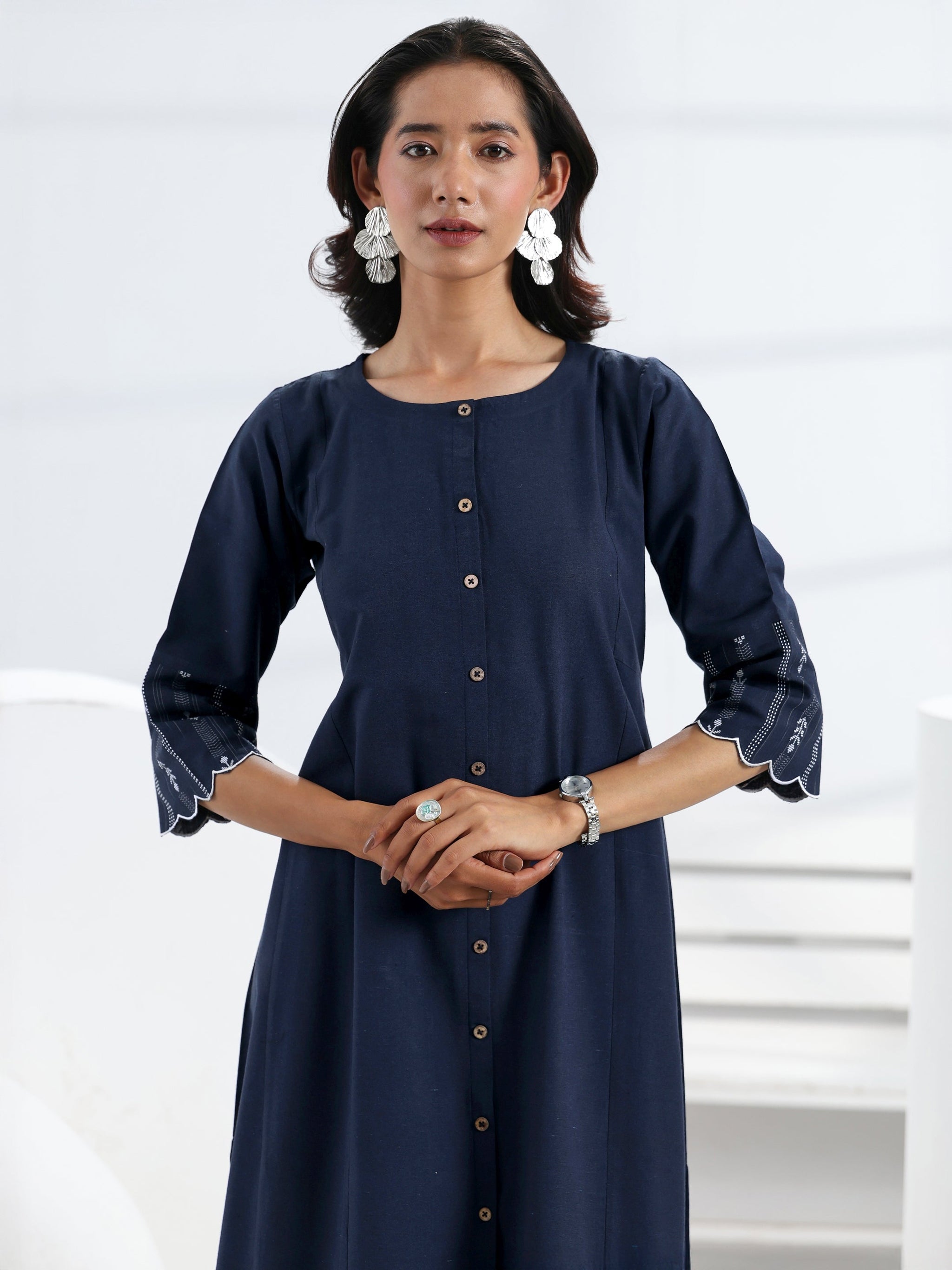 Gerua Blue Solid Cotton Blend A-Line One Piece Dress