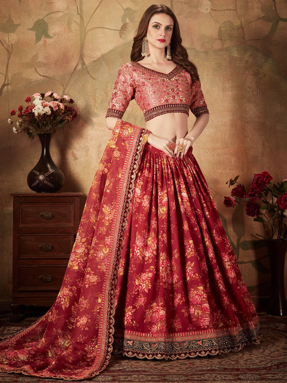 Stunning Maroon Floral Print Organza Silk Wedding Lehenga Choli With Peach Blouse