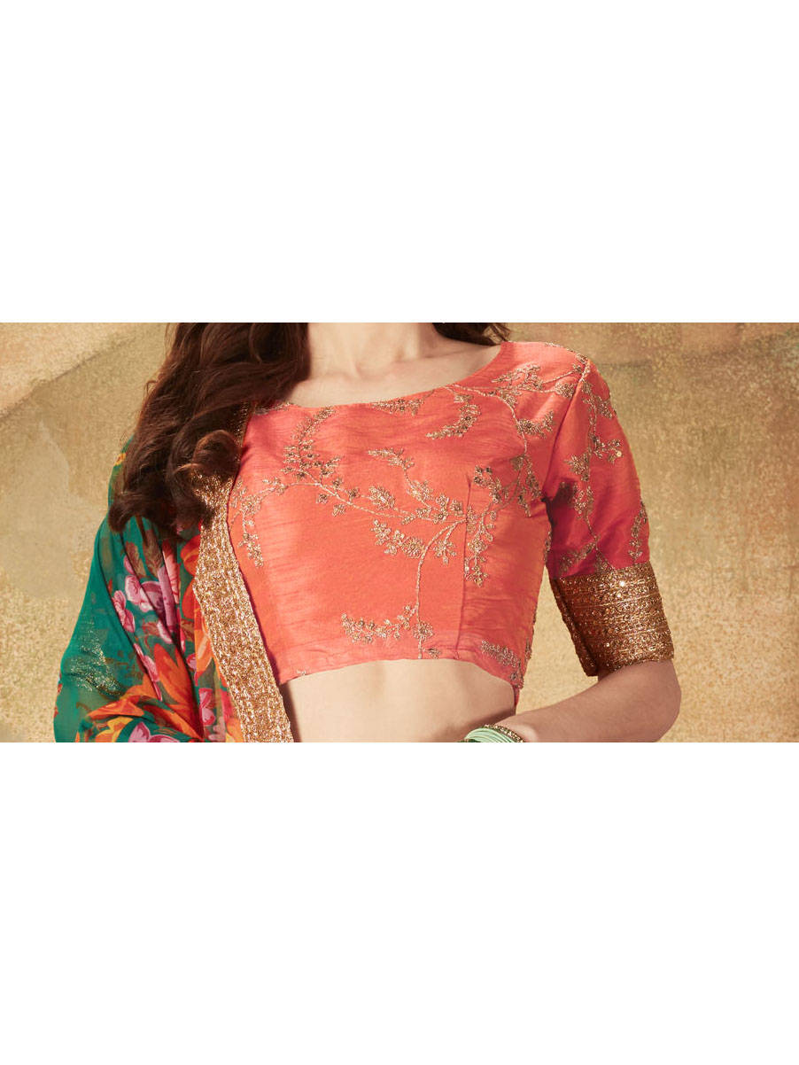 Graceful Green-Orange Sabyasachi Designer Digital Printed Lehenga Choli