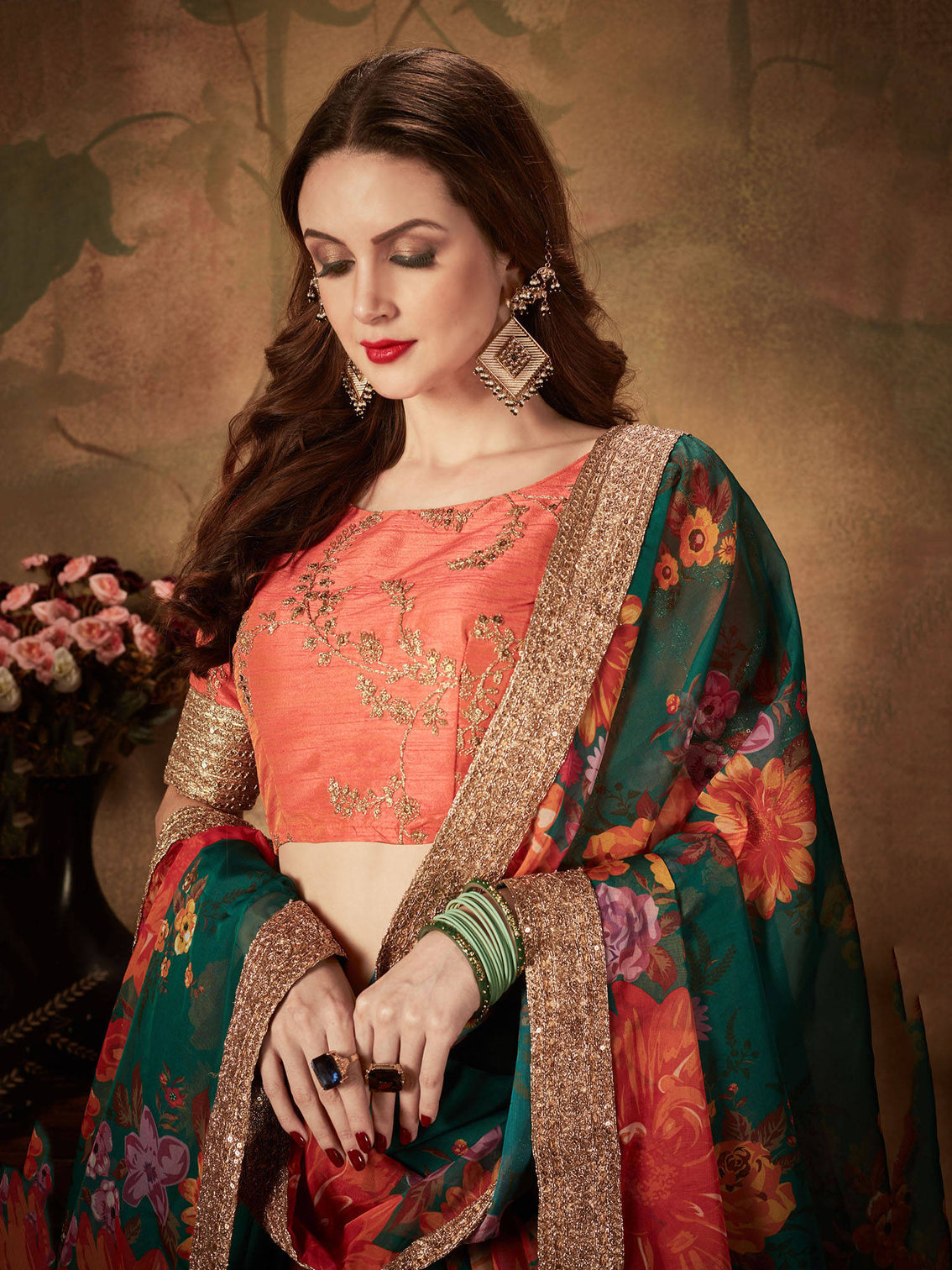 Refreshing Dark Green Floral Print Organza Silk Wedding Lehenga Choli With Orange Blouse