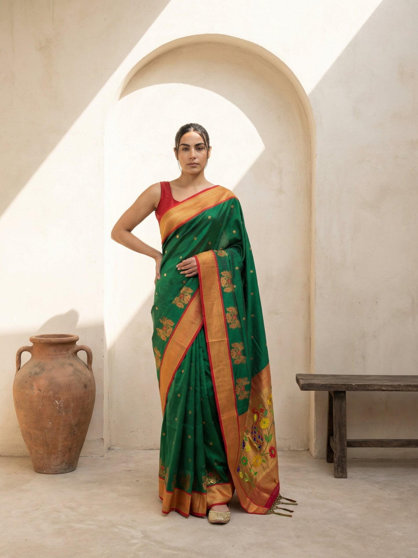 Premium Soft Silk Paithani Saree with Polka Motifs, Peacock Border and Traditional Pallu