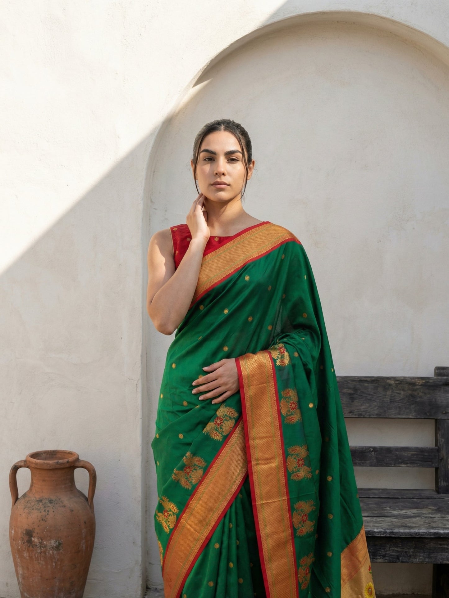Premium Soft Silk Paithani Saree with Polka Motifs, Peacock Border and Traditional Pallu
