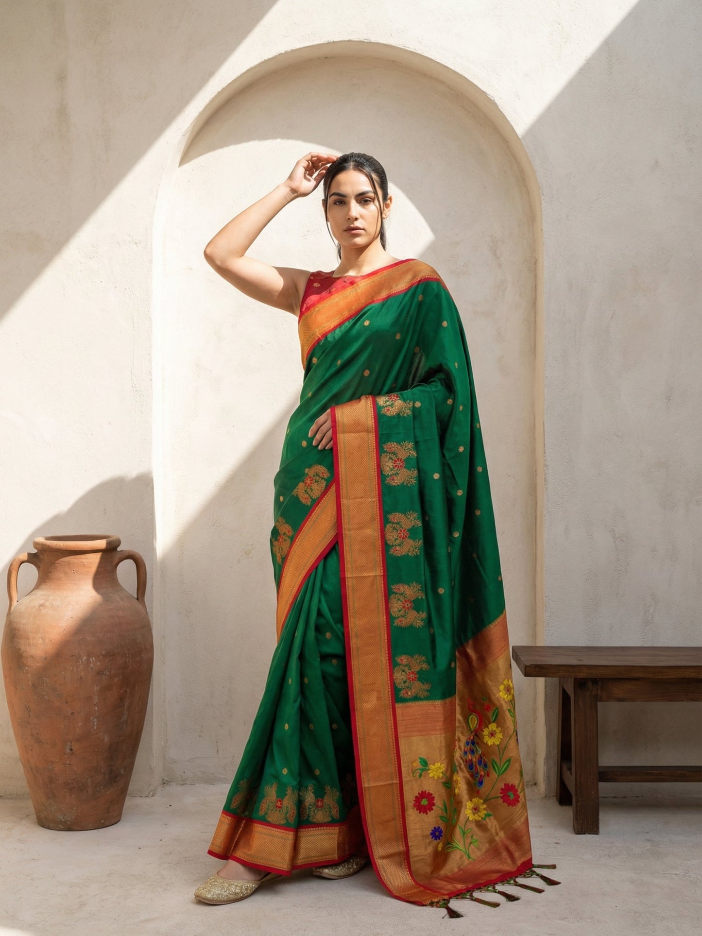 Premium Soft Silk Paithani Saree with Polka Motifs, Peacock Border and Traditional Pallu