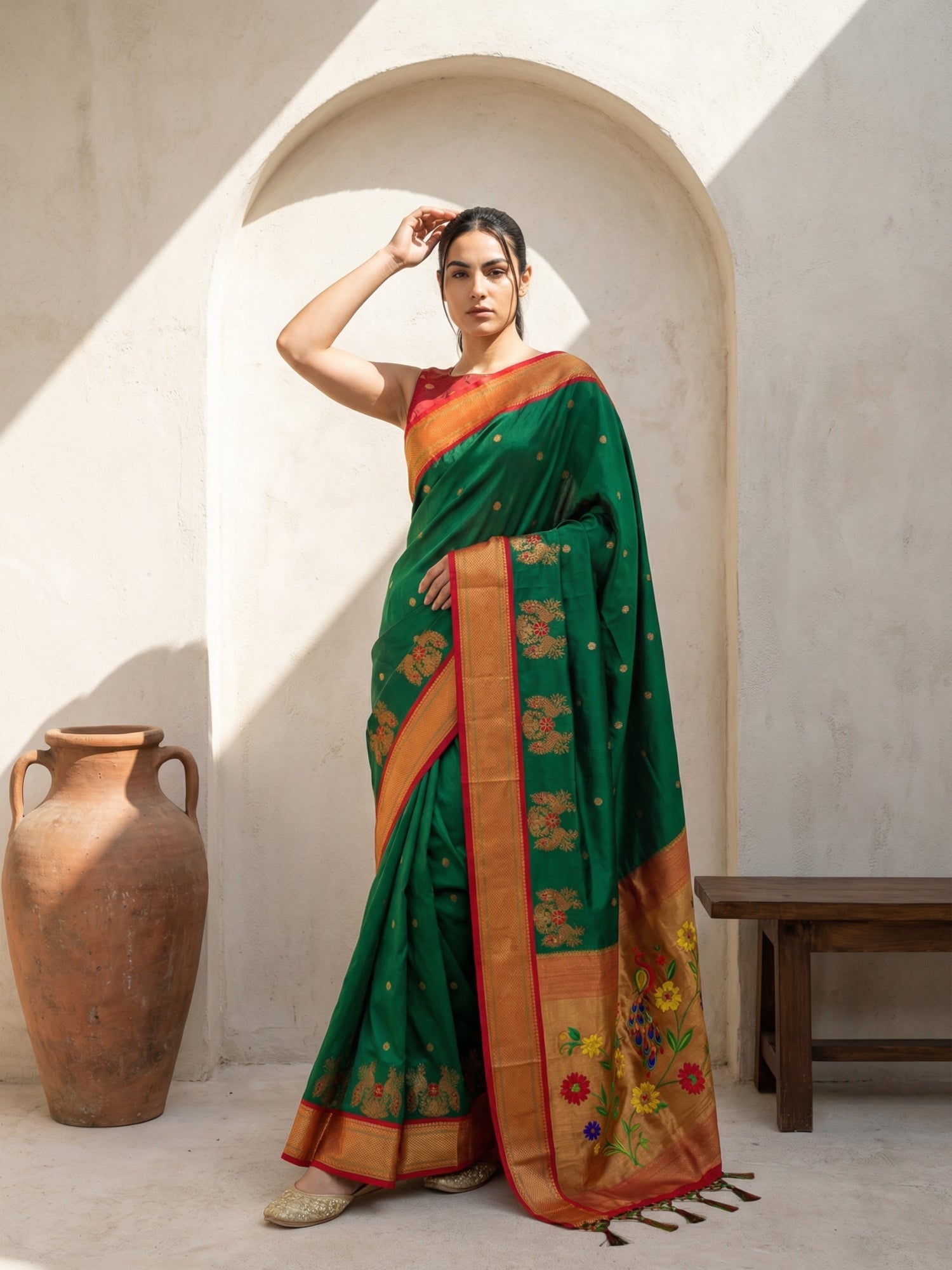 Premium Soft Silk Paithani Saree with Polka Motifs, Peacock Border and Traditional Pallu