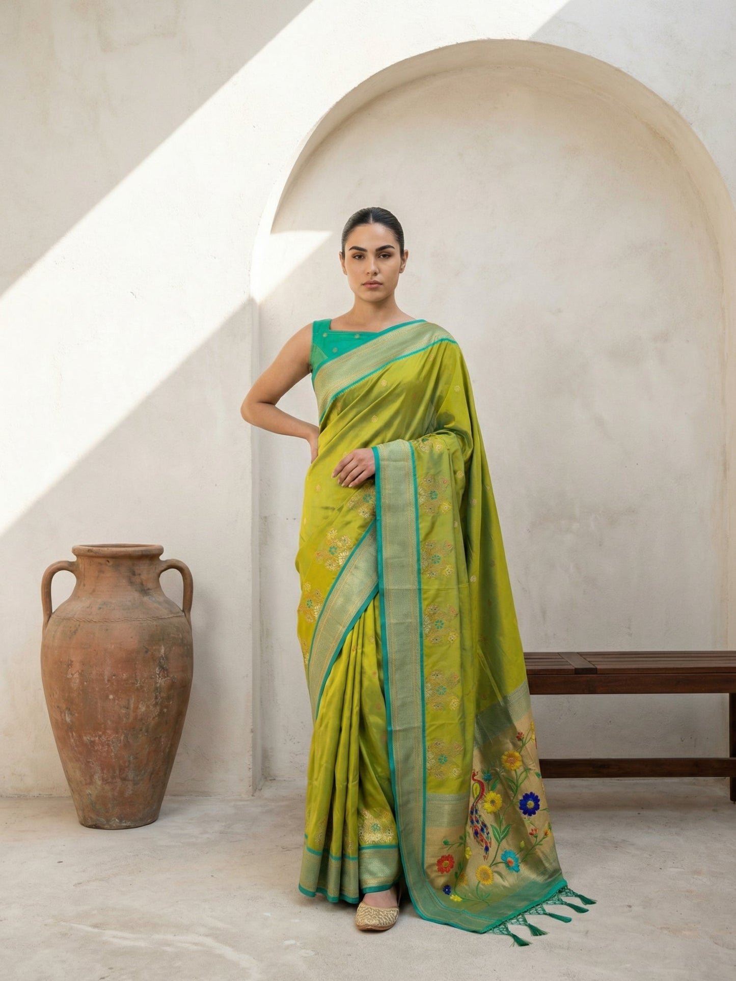 Premium Soft Silk Paithani Saree with Polka Motifs, Peacock Border and Traditional Pallu