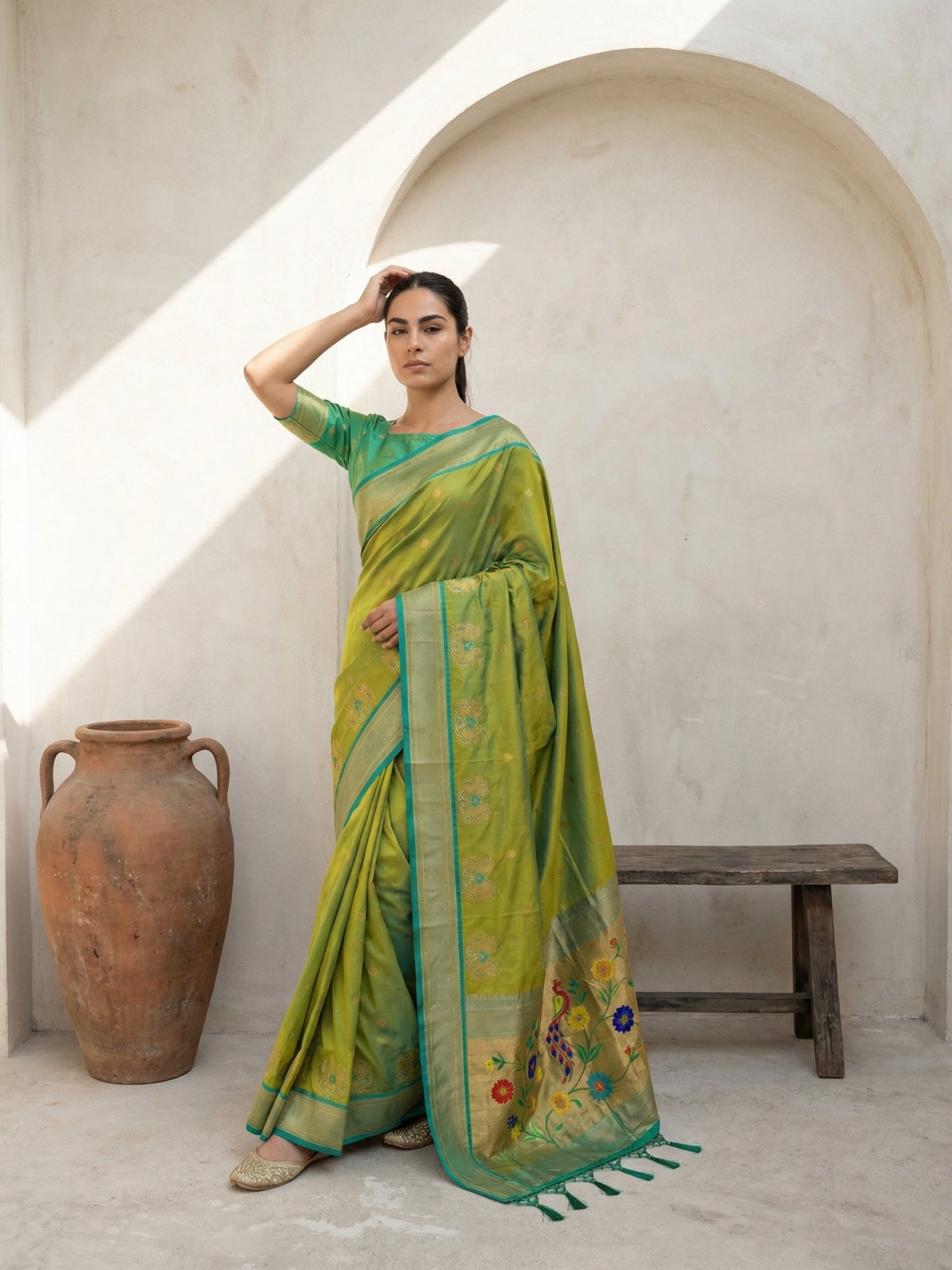 Premium Soft Silk Paithani Saree with Polka Motifs, Peacock Border and Traditional Pallu