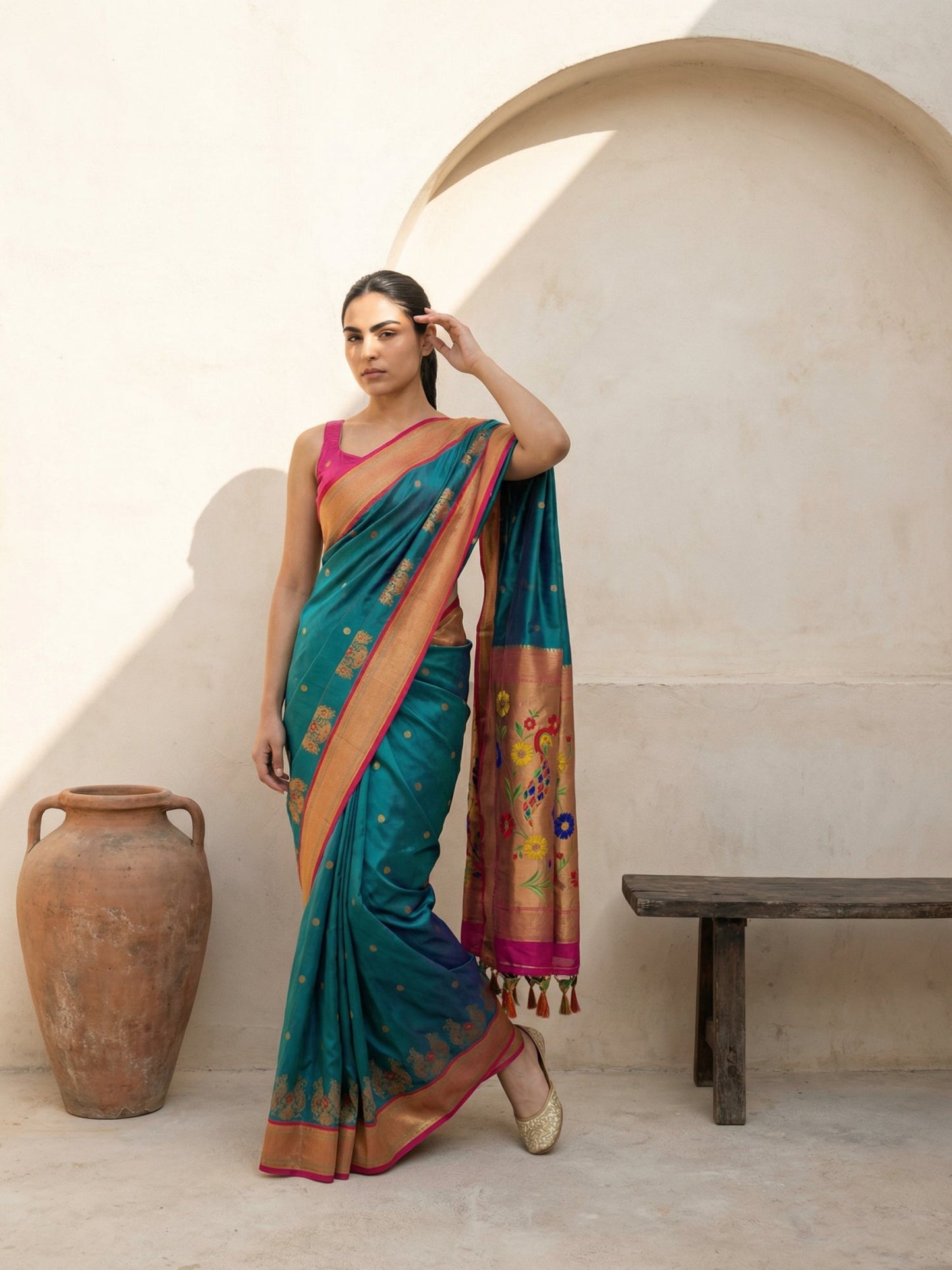 Premium Soft Silk Paithani Saree with Polka Motifs, Peacock Border and Traditional Pallu