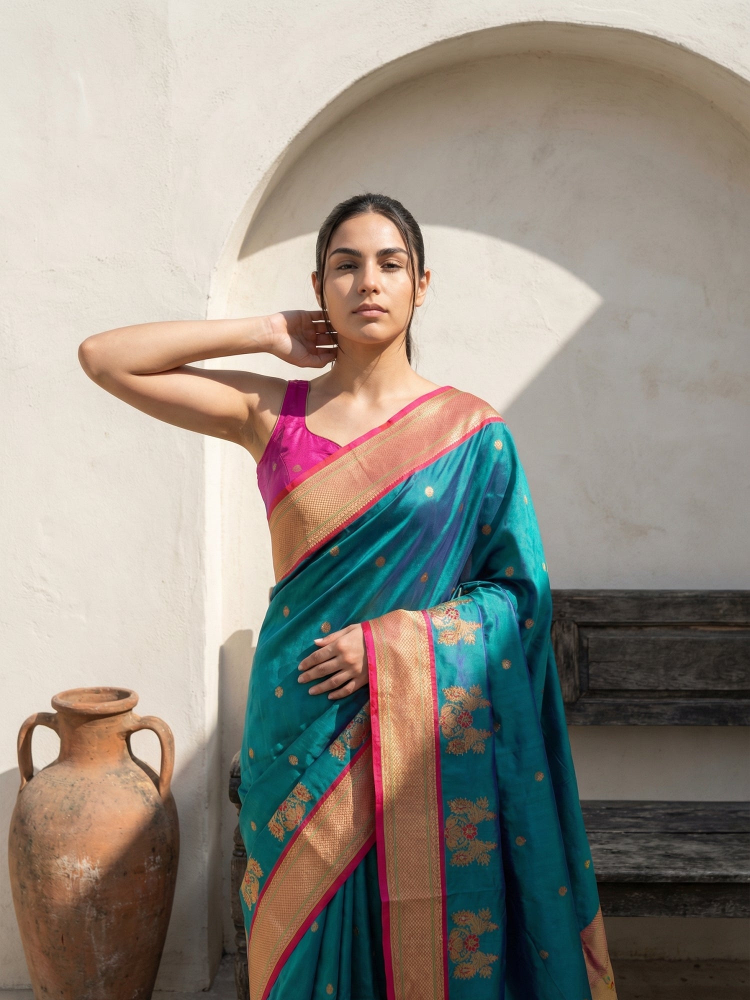 Premium Soft Silk Paithani Saree with Polka Motifs, Peacock Border and Traditional Pallu