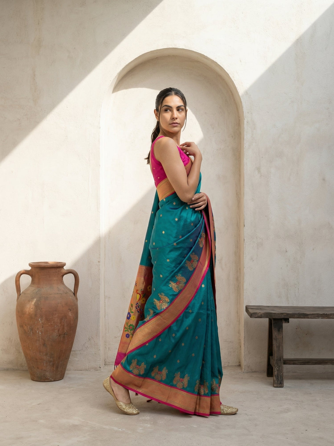 Traditional premium soft silk saree with peacock paithani pallu