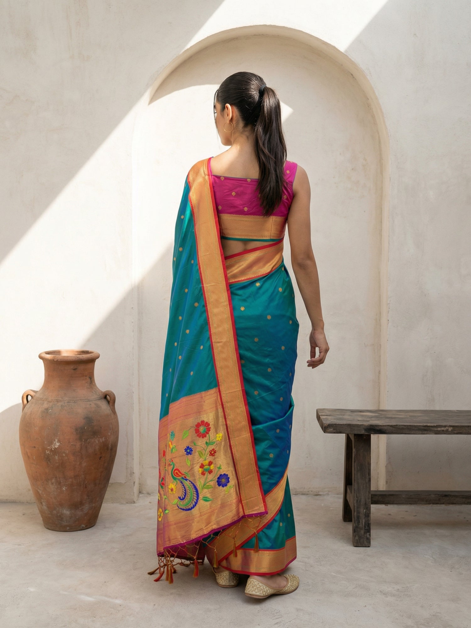 Premium Soft Silk Paithani Saree with Polka Motifs, Peacock Border and Traditional Pallu
