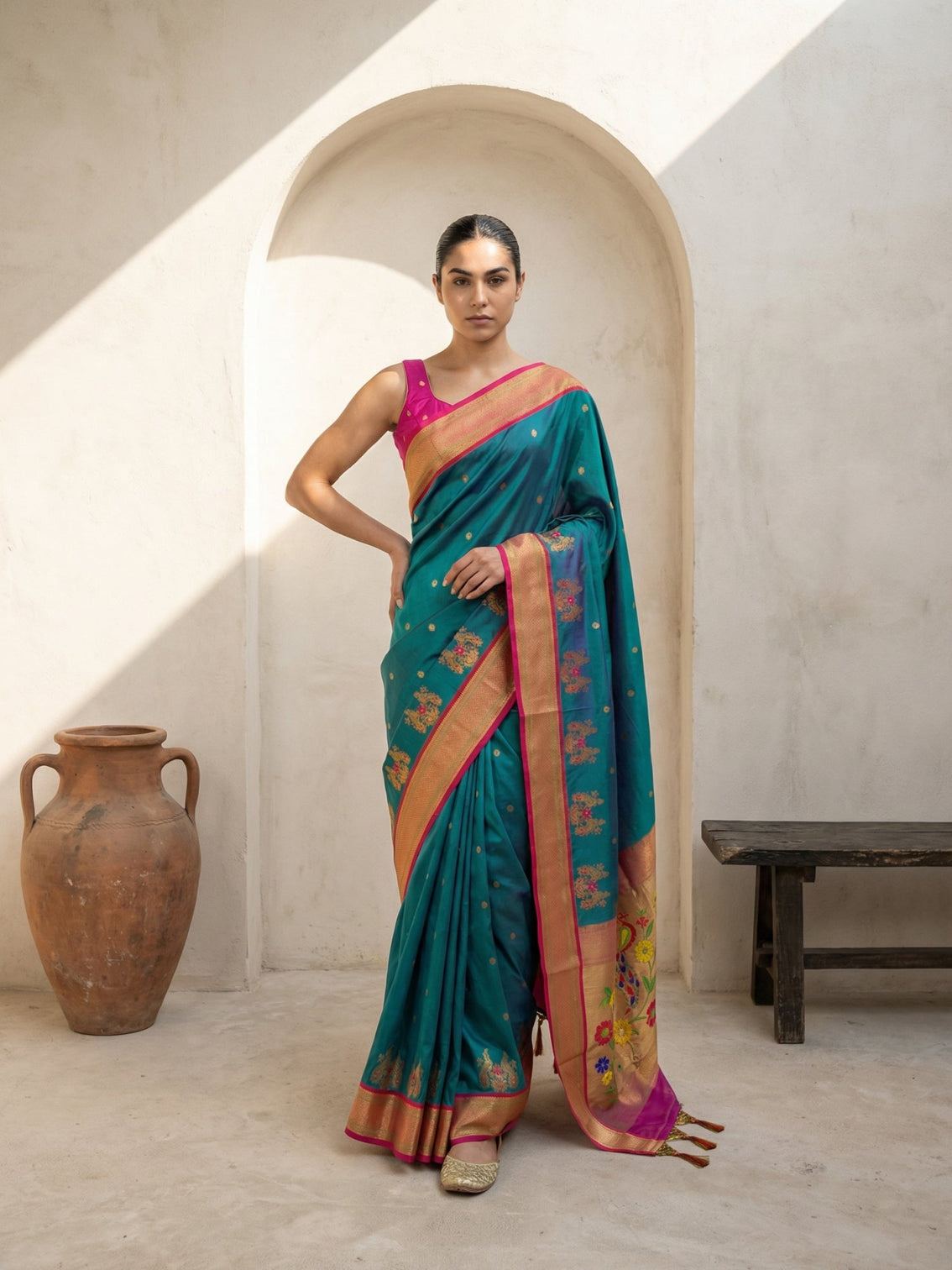 Traditional premium soft silk saree with peacock paithani pallu