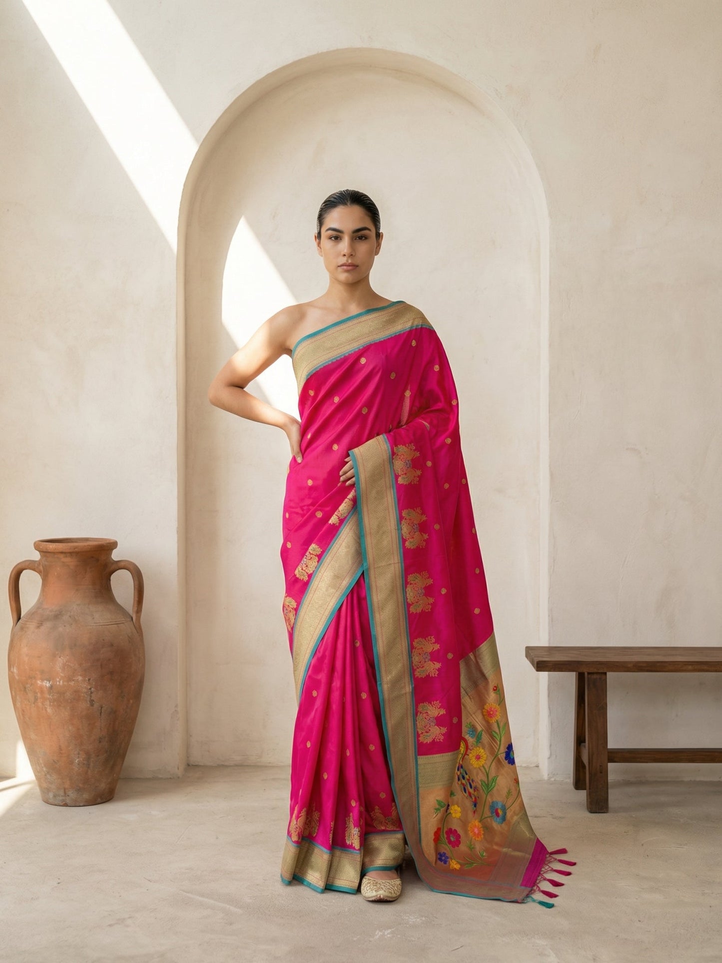Premium Soft Silk Paithani Saree with Polka Motifs, Peacock Border and Traditional Pallu