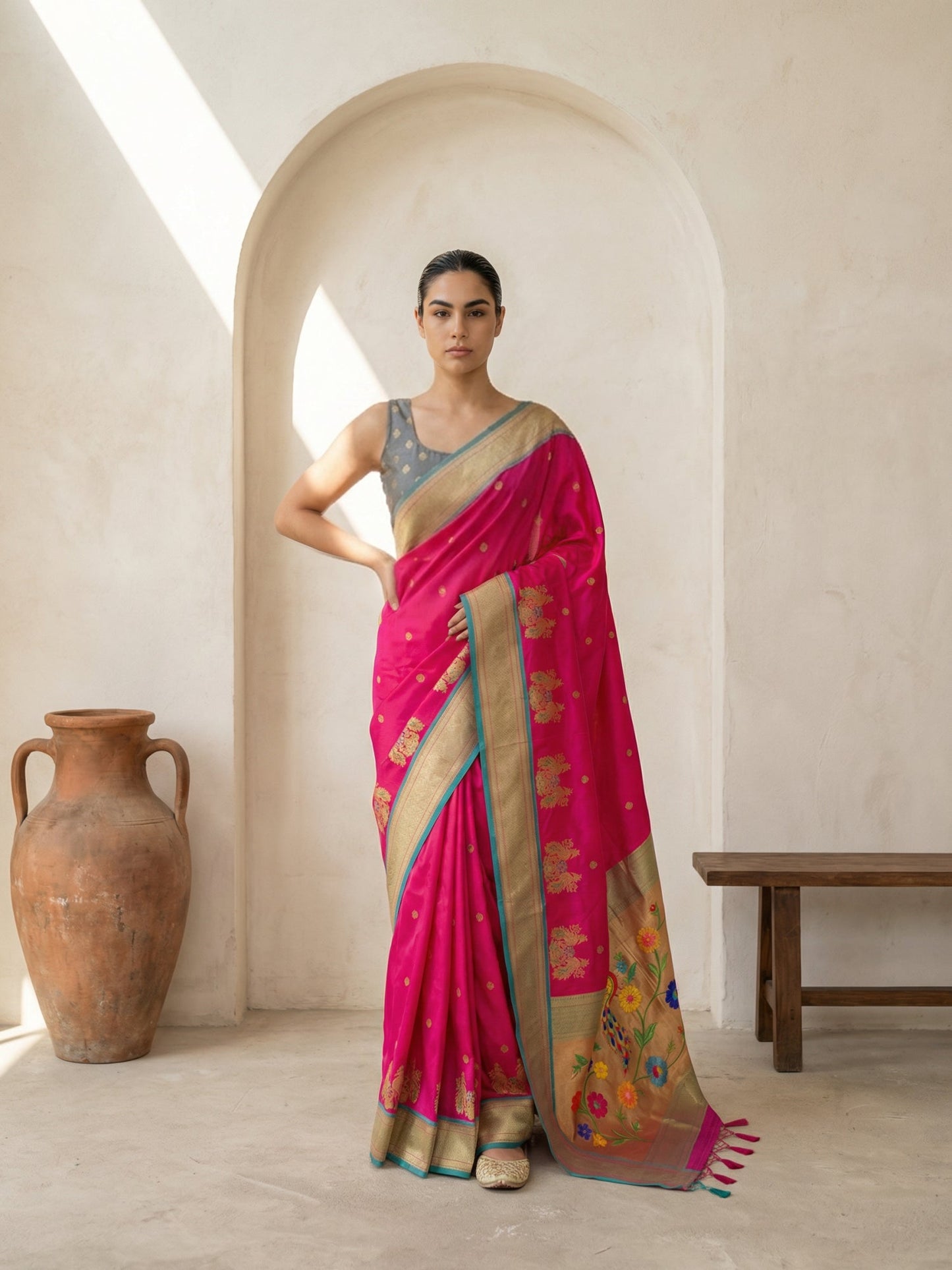 Premium Soft Silk Paithani Saree with Polka Motifs, Peacock Border and Traditional Pallu