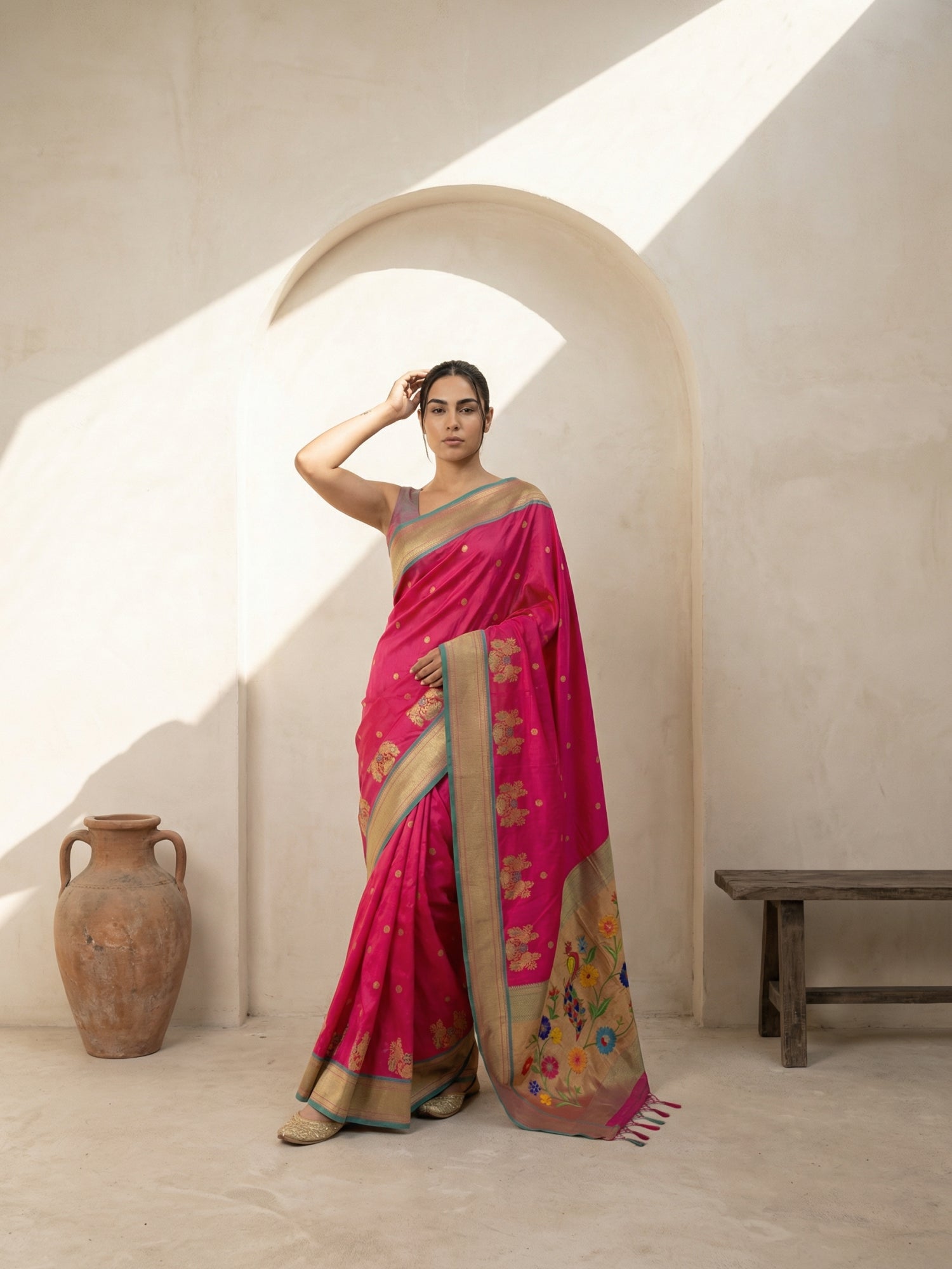 Premium Soft Silk Paithani Saree with Polka Motifs, Peacock Border and Traditional Pallu