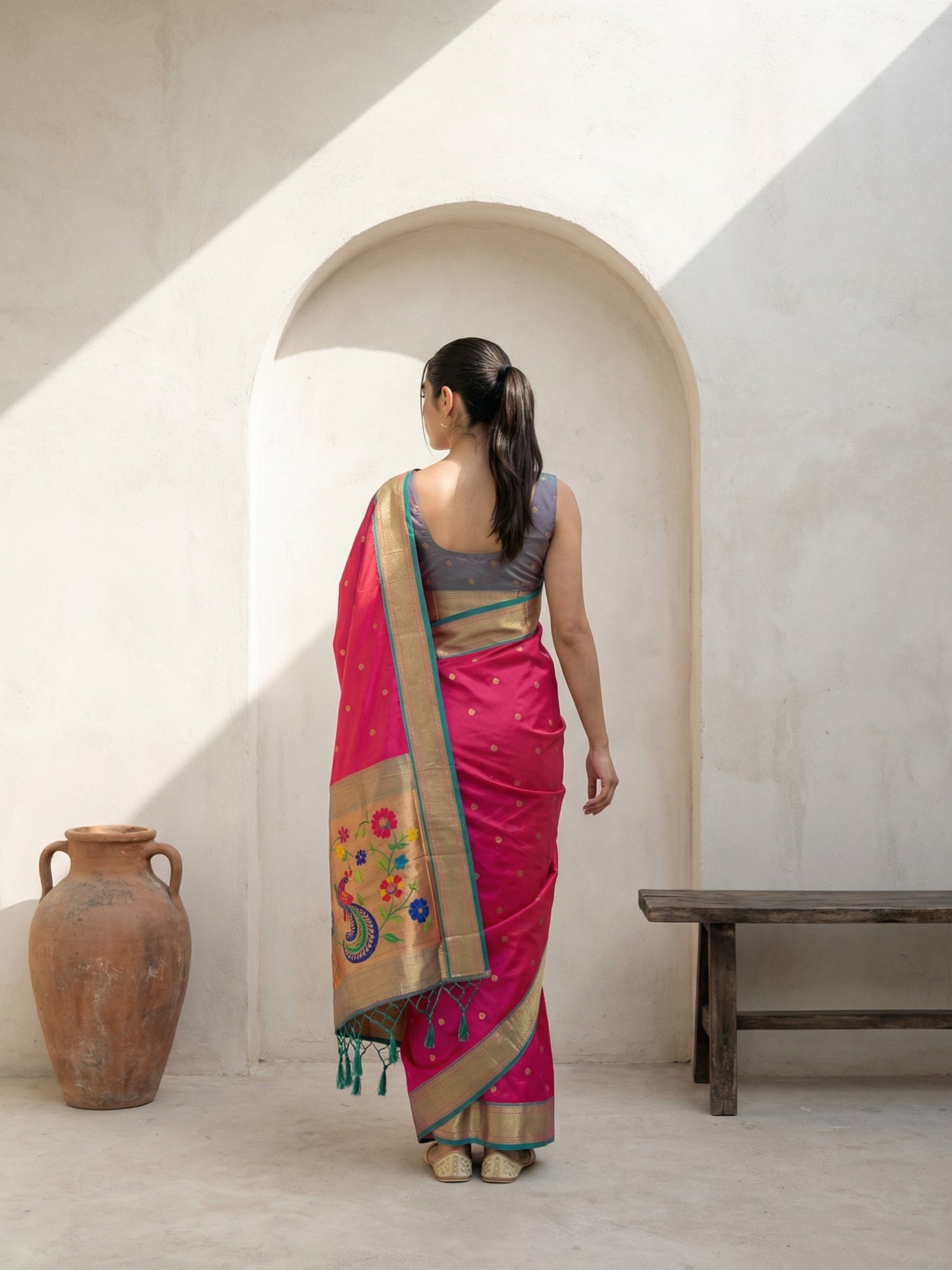 Premium Soft Silk Paithani Saree with Polka Motifs, Peacock Border and Traditional Pallu