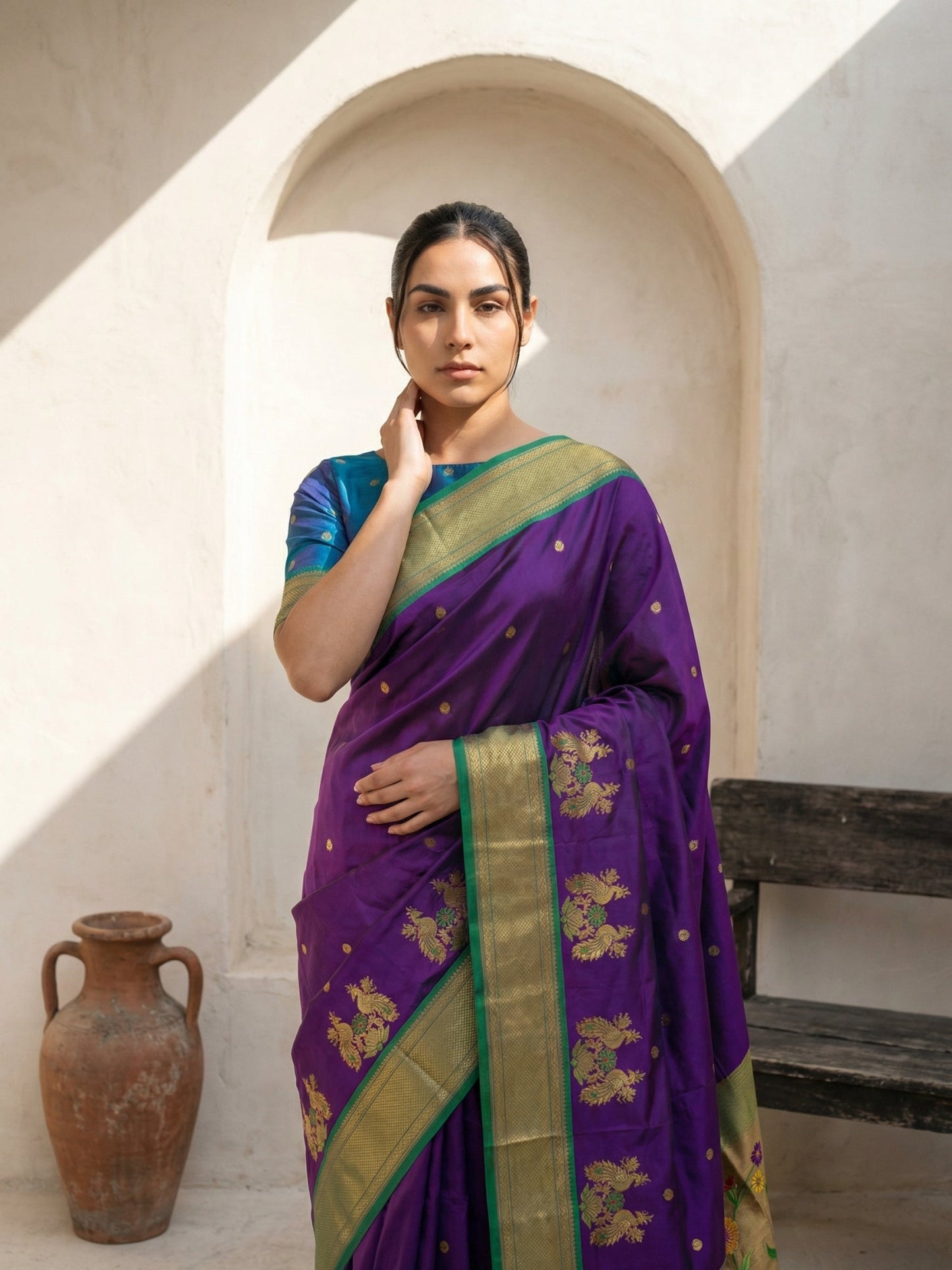 Premium Soft Silk Paithani Saree with Polka Motifs, Peacock Border and Traditional Pallu
