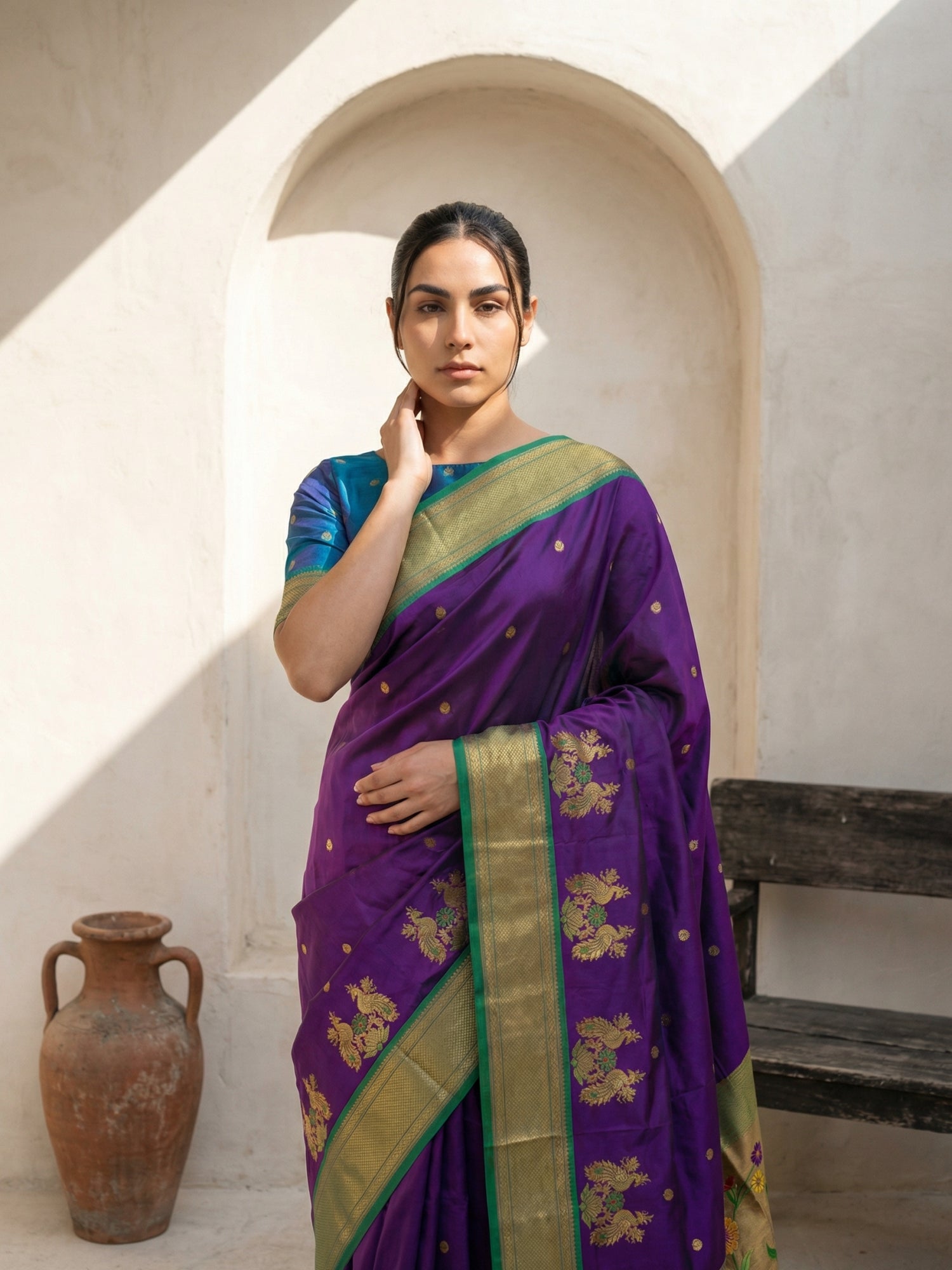 Premium Soft Silk Paithani Saree with Polka Motifs, Peacock Border and Traditional Pallu