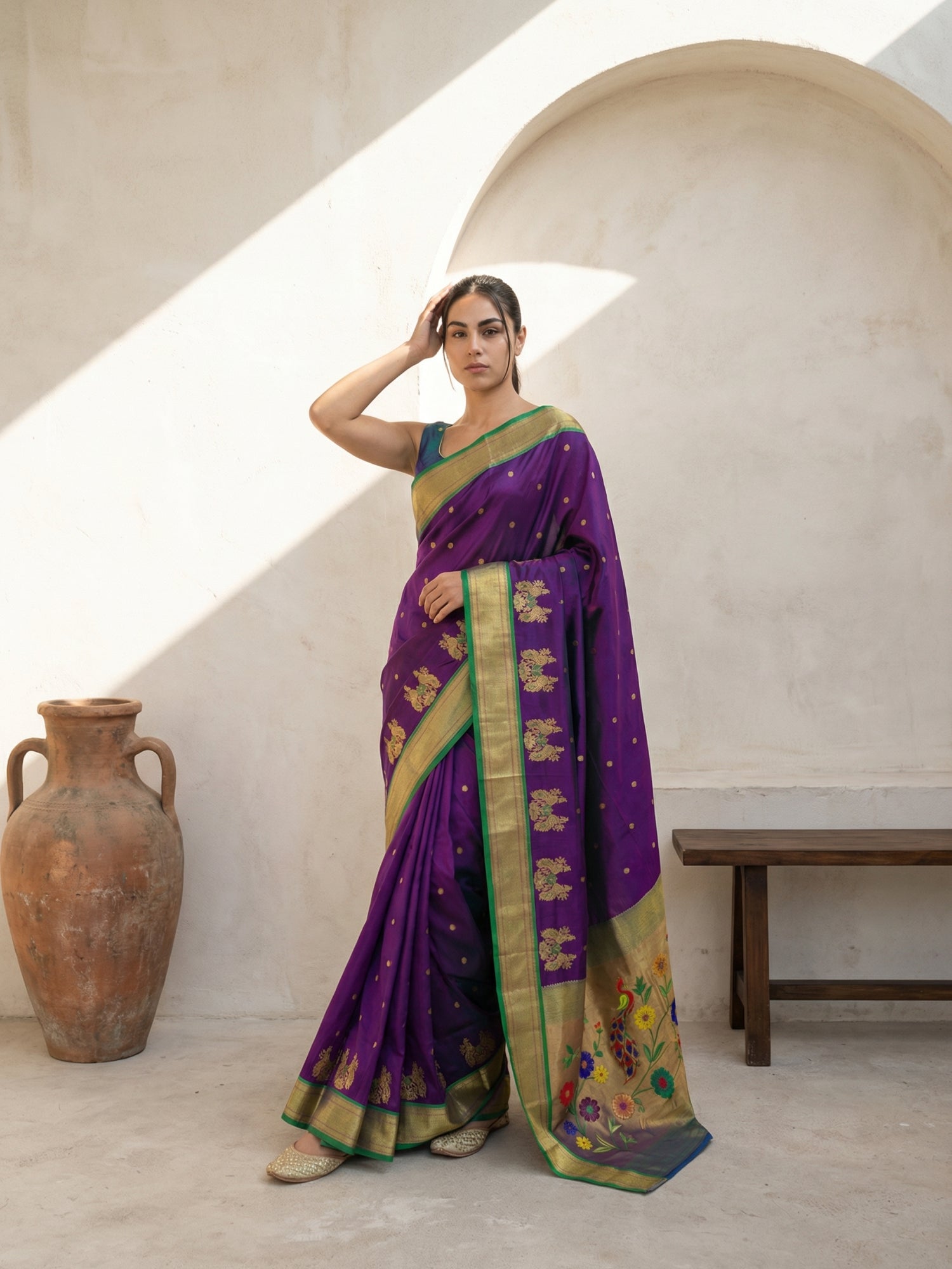 Premium Soft Silk Paithani Saree with Polka Motifs, Peacock Border and Traditional Pallu