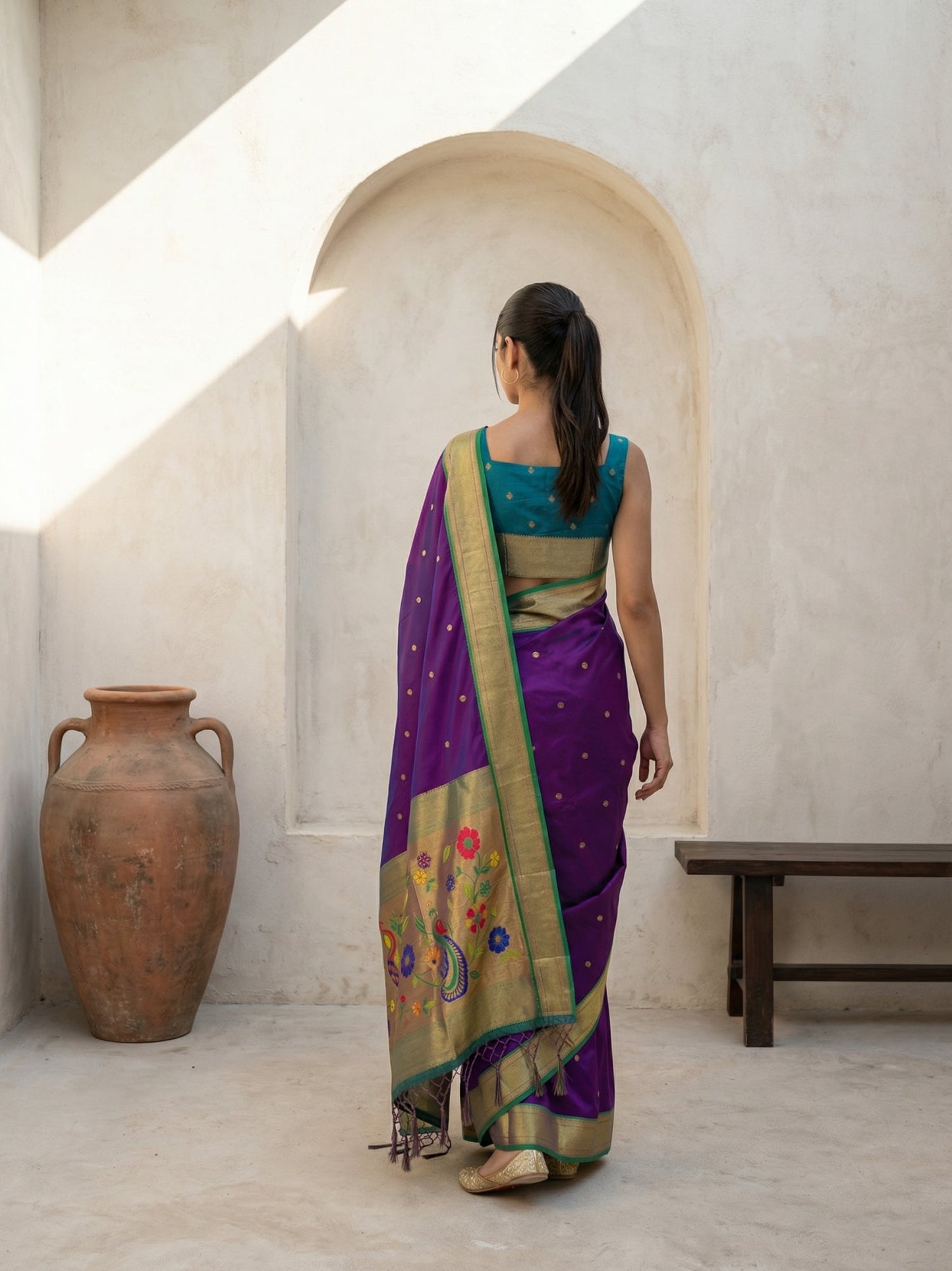 Premium Soft Silk Paithani Saree with Polka Motifs, Peacock Border and Traditional Pallu