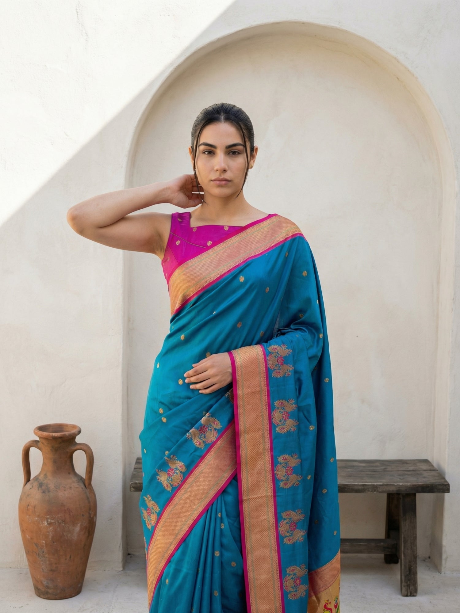 Premium Soft Silk Paithani Saree with Polka Motifs, Peacock Border and Traditional Pallu