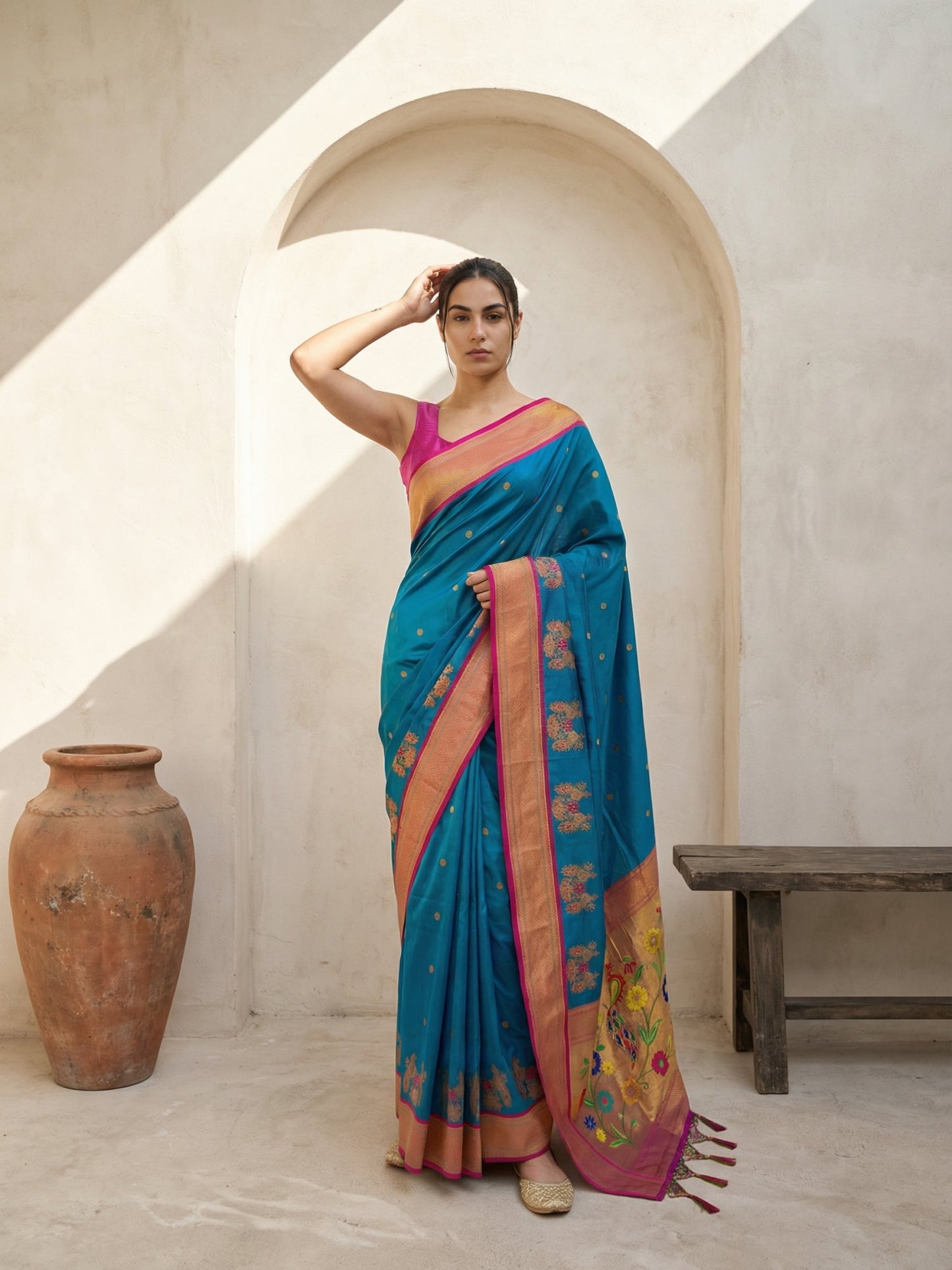 Premium Soft Silk Paithani Saree with Polka Motifs, Peacock Border and Traditional Pallu